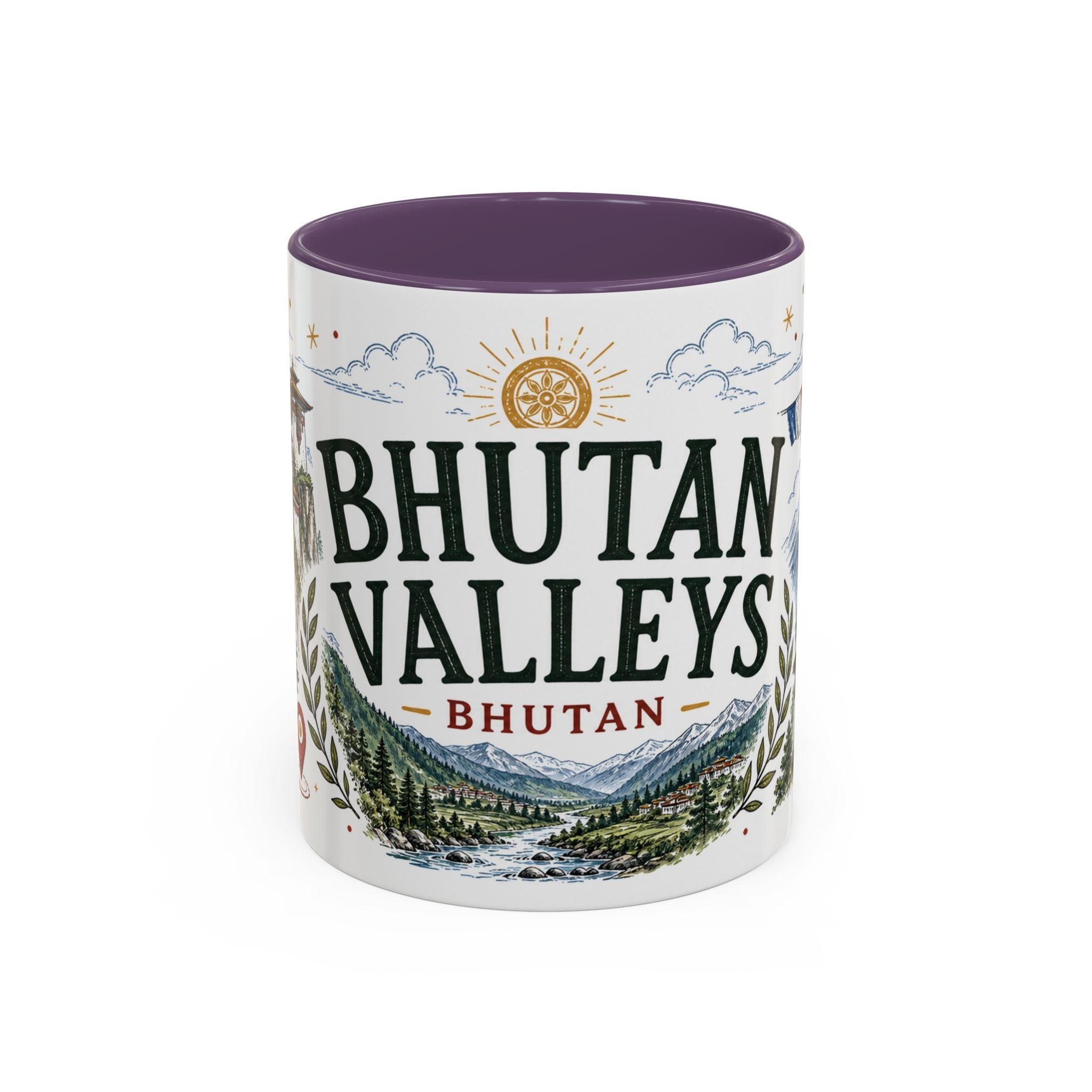 Bhutan Valleys Coffee Mug | Travel Destination Souvenir Gift | Accent Color Ceramic 11oz 15oz