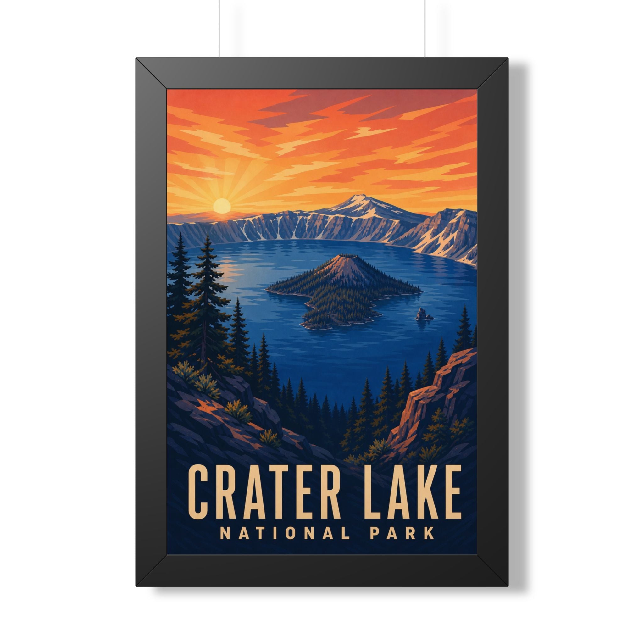 Crater Lake National Park Framed Poster | Vintage Travel Wall Art | Black Walnut White Frame | 16x24 20x30
