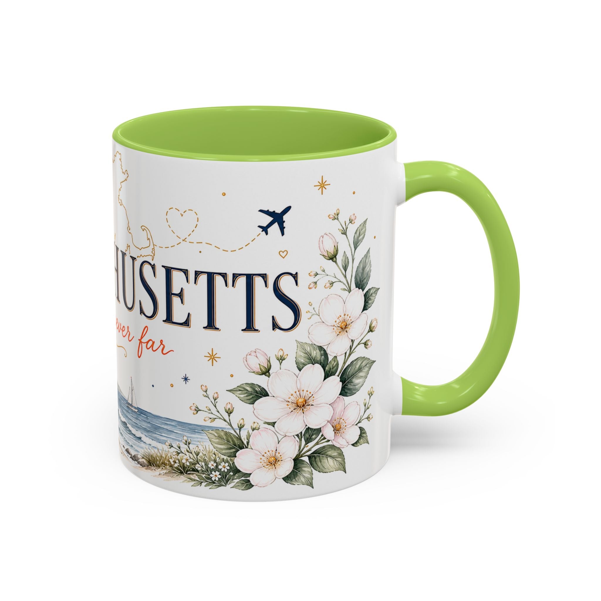 Massachusetts State Map Mug | Coastal Scene, Botanical Accents (11oz, 15oz)