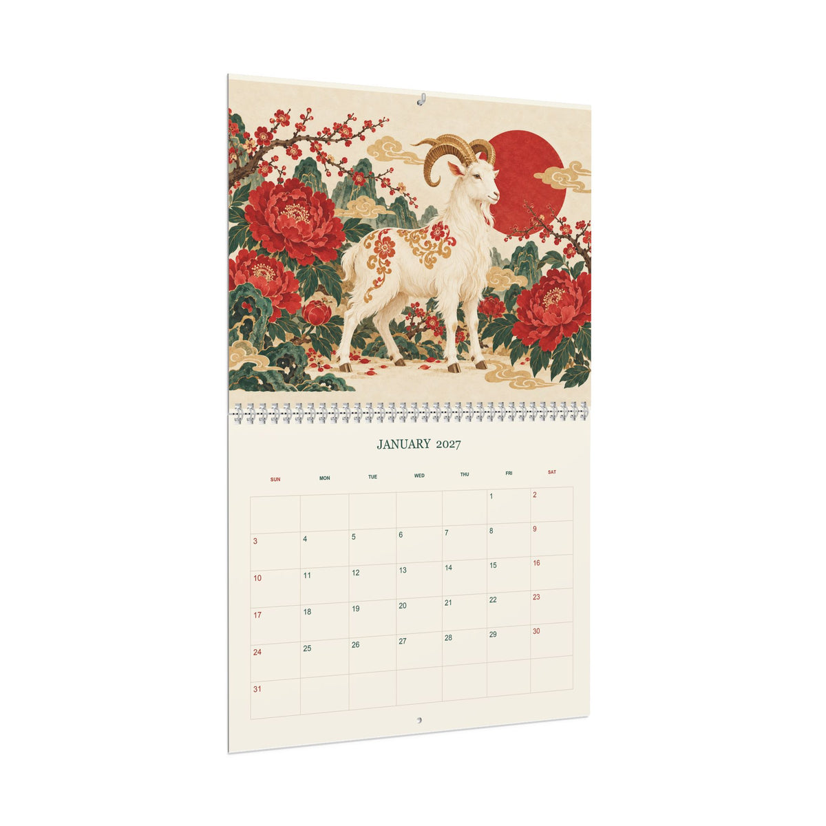 2027 Year of the Goat Wall Calendar, Chinese Zodiac Floral Art, Lunar New Year Gift, 11 x 8.5 Matte Calendar