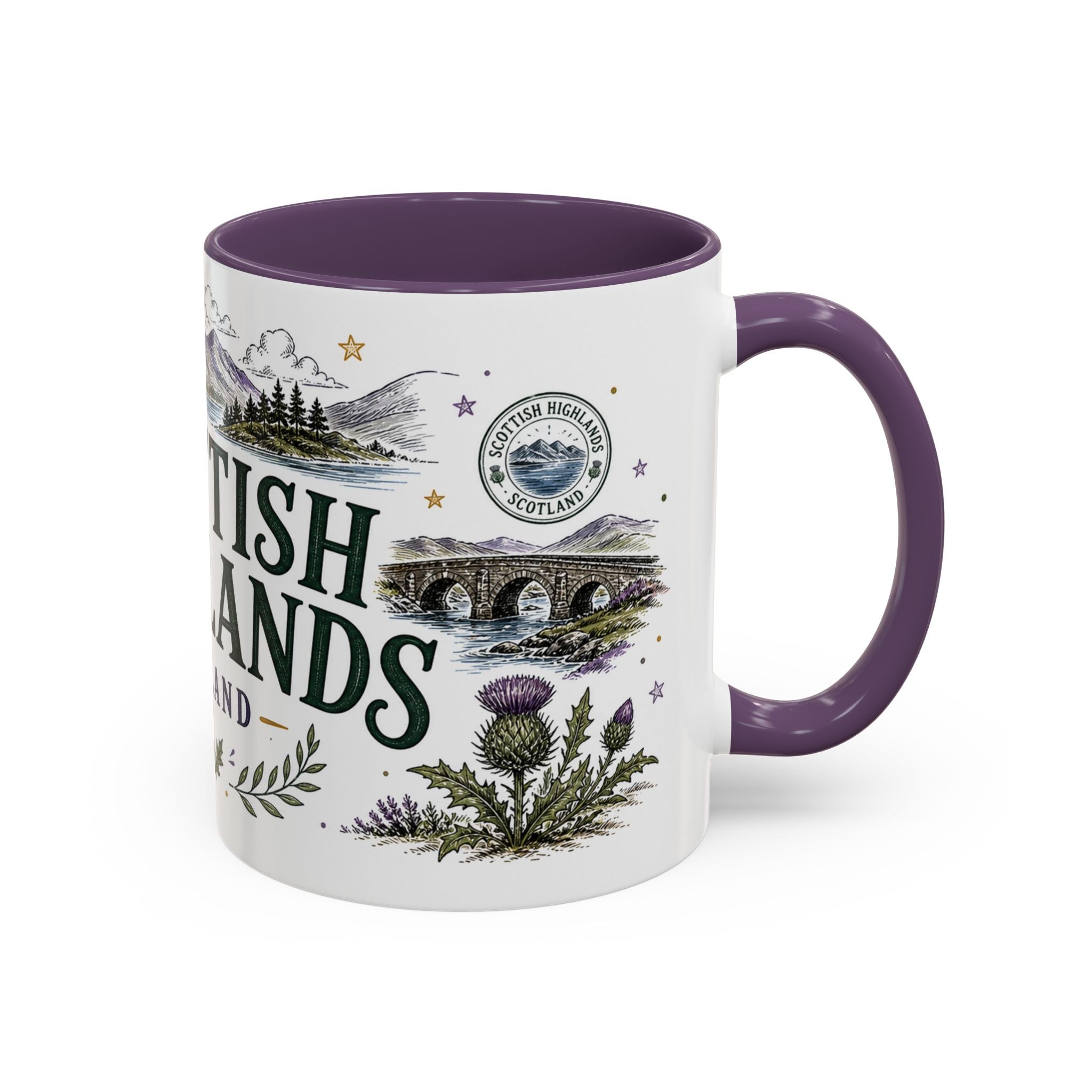 Scottish Highlands Coffee Mug | Travel Destination Souvenir Gift | Accent Color Ceramic 11oz 15oz