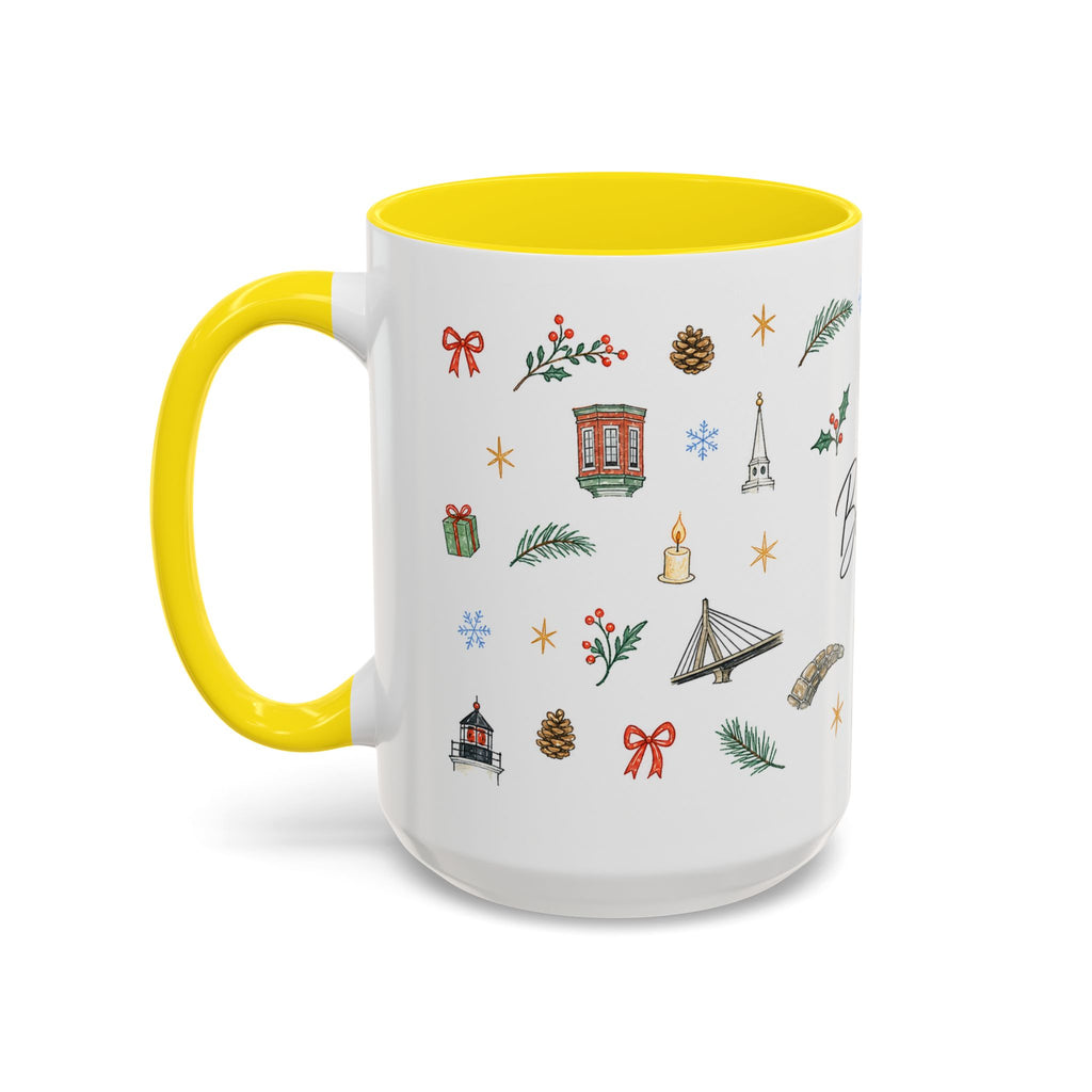 Boston Christmas Mug | Watercolor Travel Souvenir | Holiday Gift | Accent Ceramic Coffee Cup 11oz 15oz