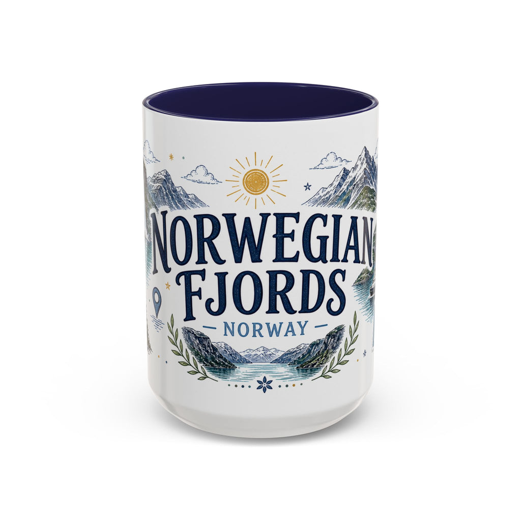 Norwegian Fjords Coffee Mug | Travel Destination Souvenir Gift | Accent Color Ceramic 11oz 15oz