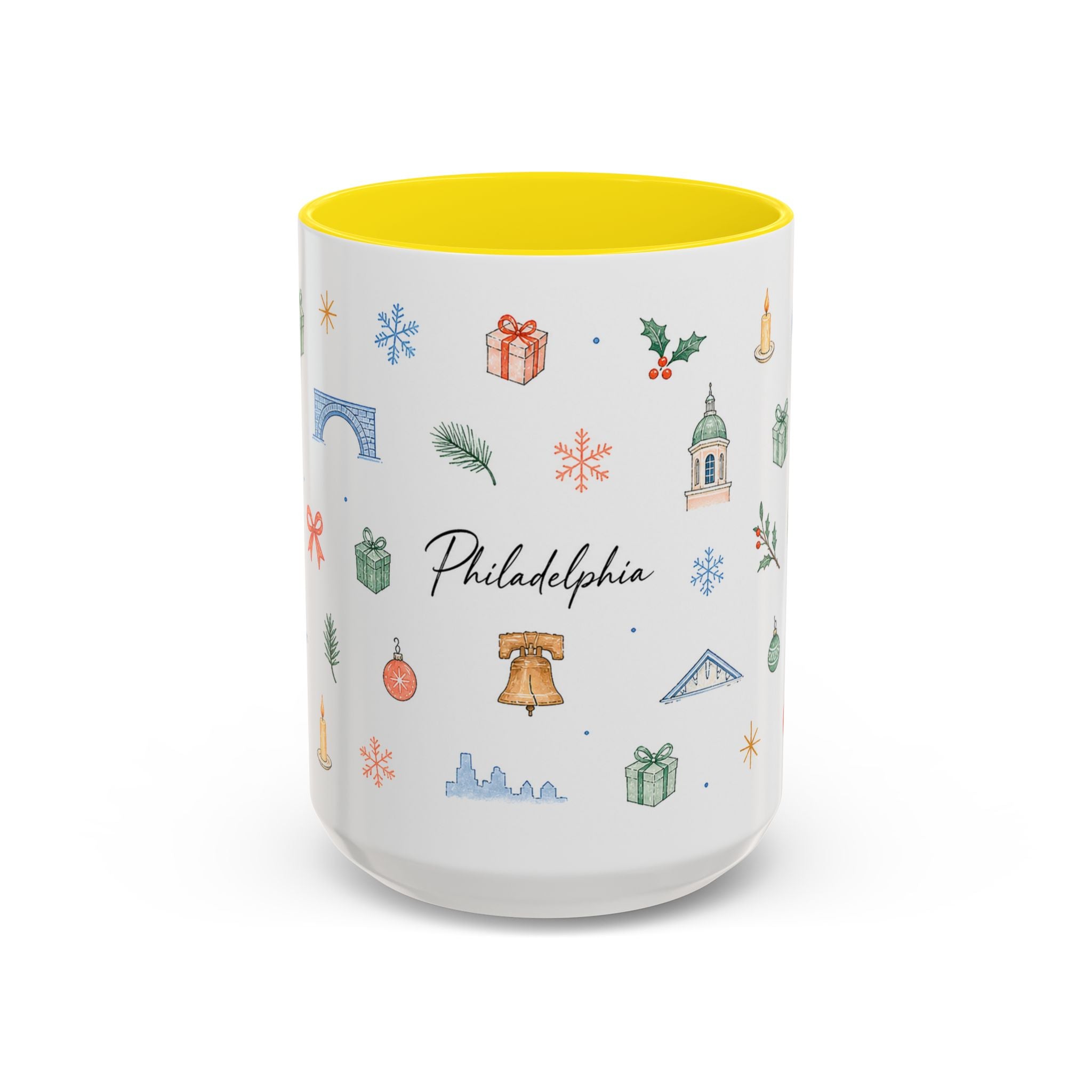 Philadelphia Christmas Mug | Watercolor Travel Souvenir | Holiday Gift | Accent Ceramic Coffee Cup 11oz 15oz
