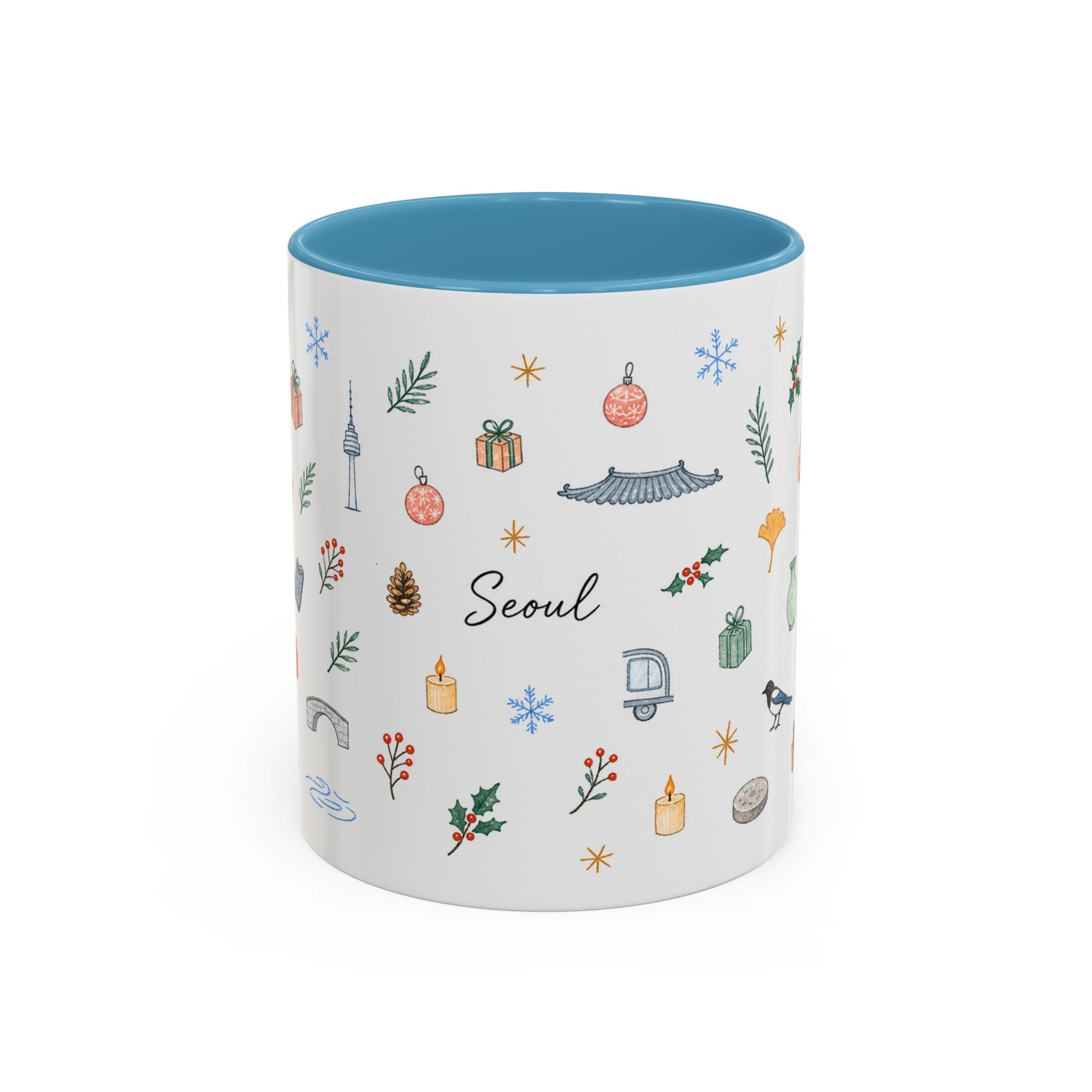 Seoul Christmas Mug | Watercolor Travel Souvenir | Holiday Gift | Accent Ceramic Coffee Cup 11oz 15oz