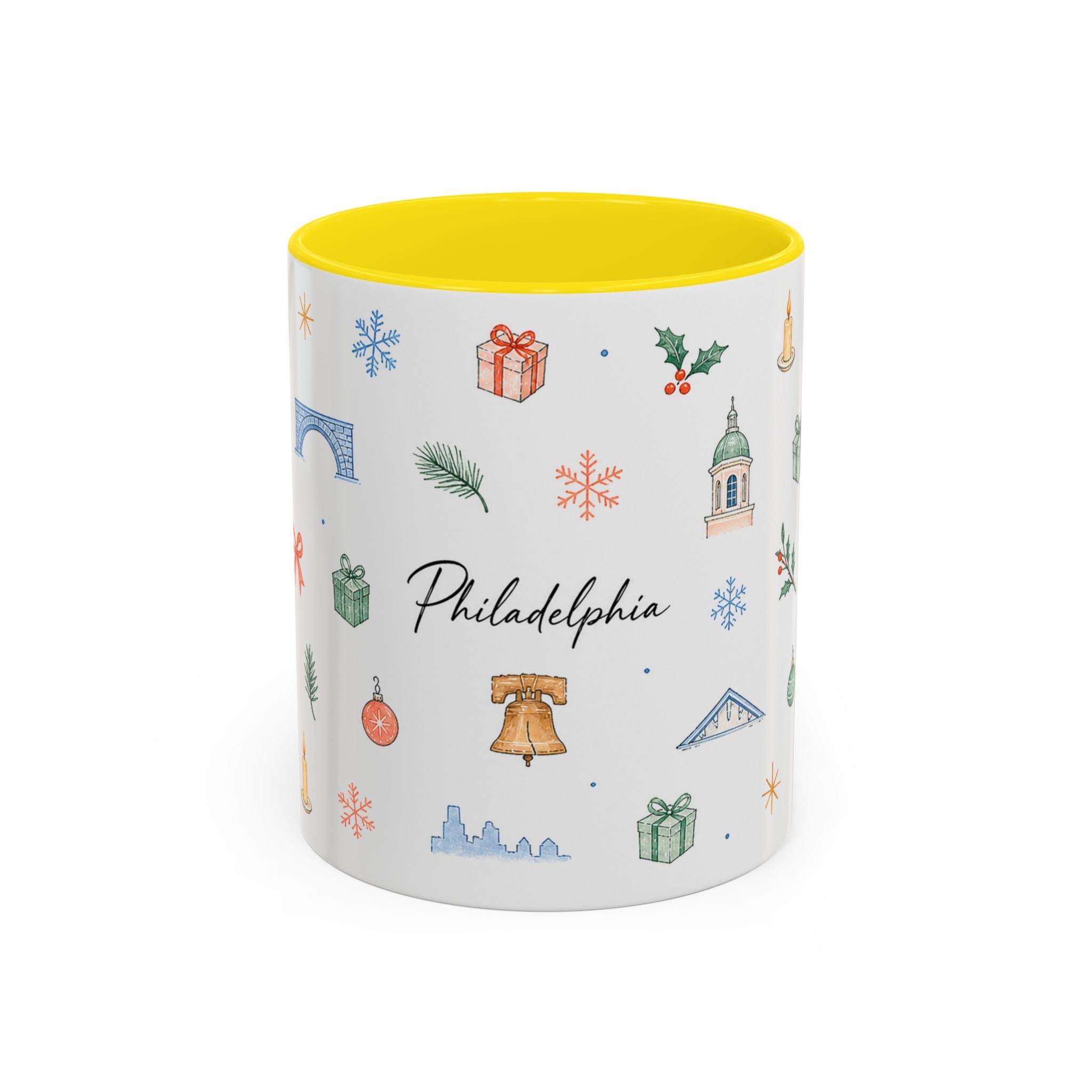 Philadelphia Christmas Mug | Watercolor Travel Souvenir | Holiday Gift | Accent Ceramic Coffee Cup 11oz 15oz
