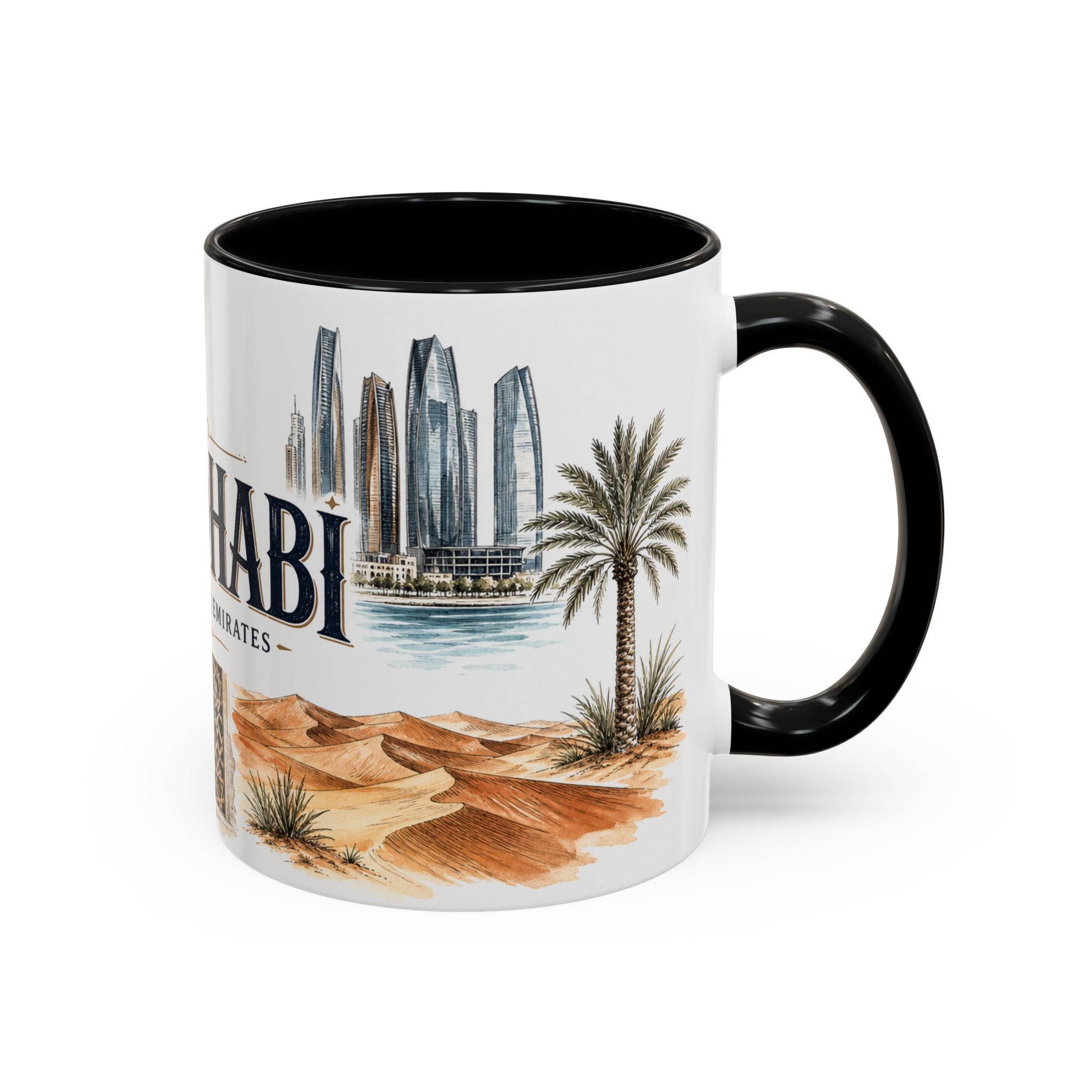 Abu Dhabi Coffee Mug | United Arab Emirates Travel Souvenir | Vintage Illustrated City Gift | 11 oz 15 oz Accent Mug