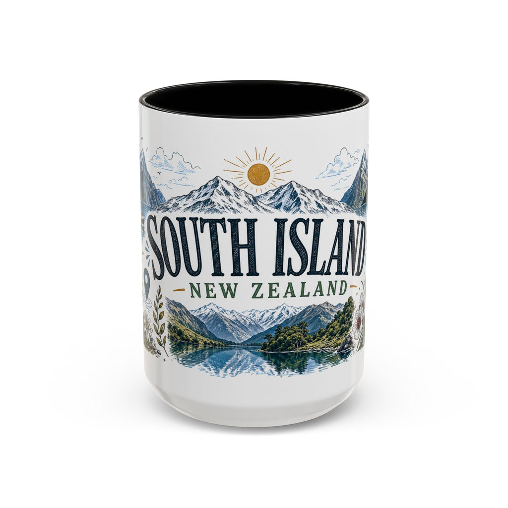 New Zealand South Island Coffee Mug | Travel Destination Souvenir Gift | Accent Color Ceramic 11oz 15oz