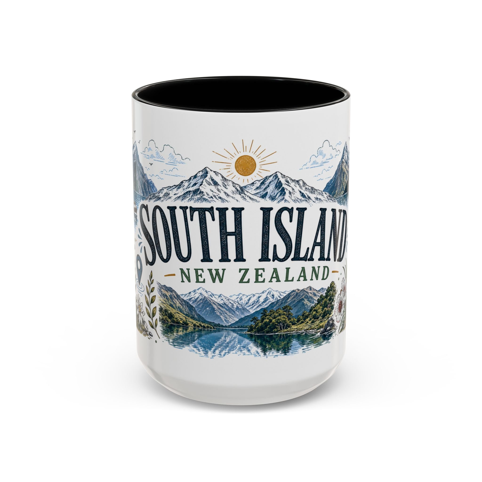 New Zealand South Island Coffee Mug | Travel Destination Souvenir Gift | Accent Color Ceramic 11oz 15oz
