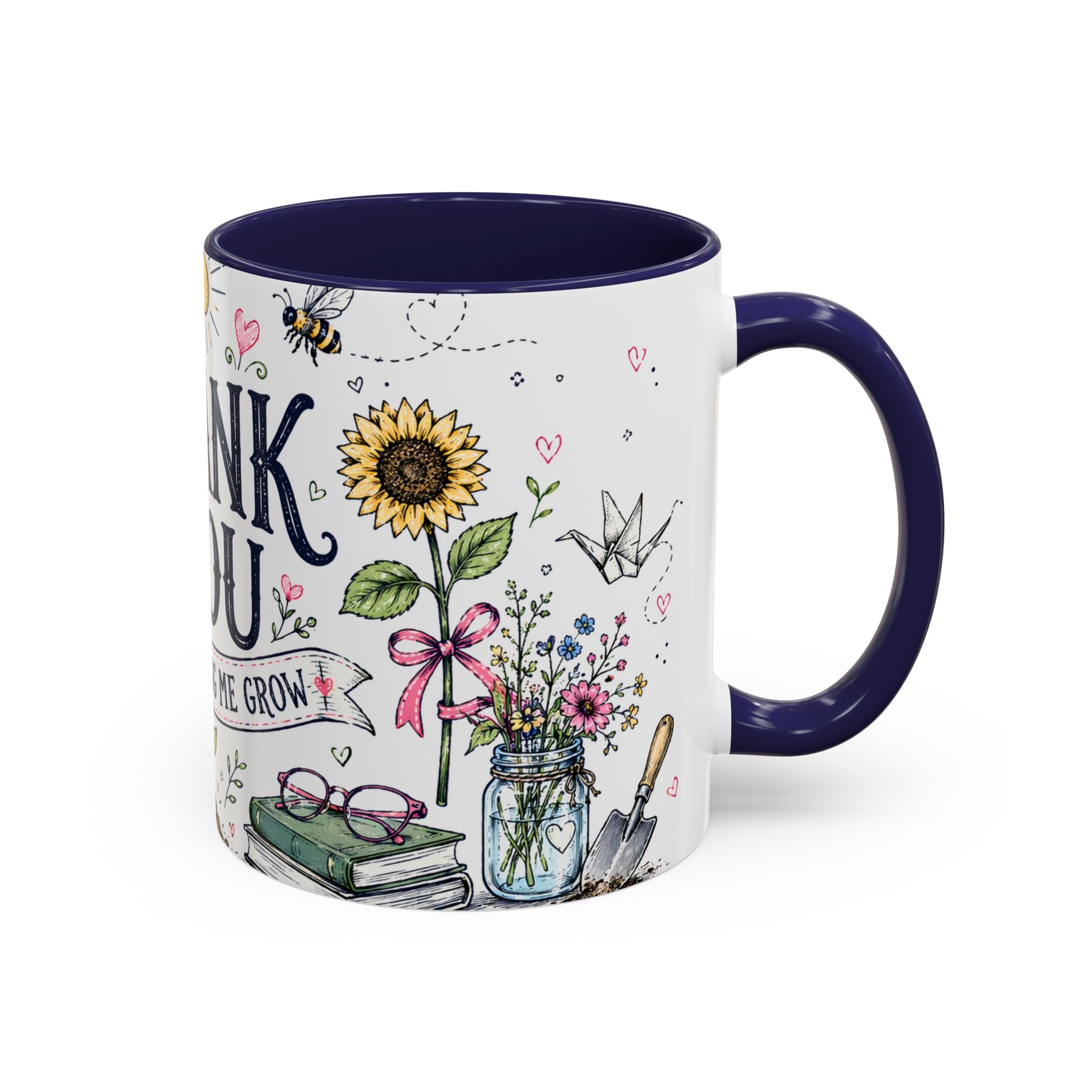 Thank You Teacher Coffee Mug | For Helping Me Grow Appreciation Gift | Accent Color Ceramic 11oz 15oz