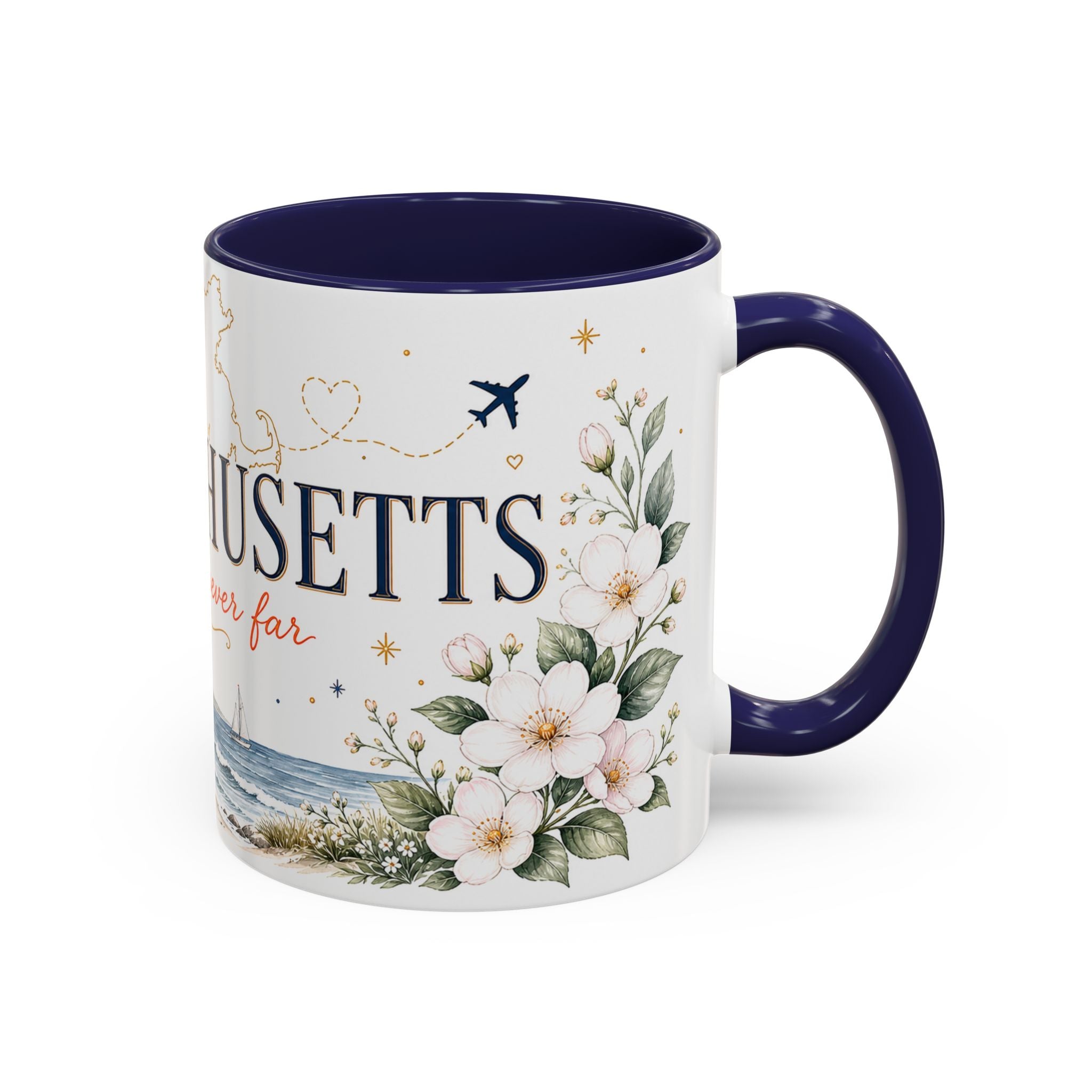 Massachusetts State Map Mug | Coastal Scene, Botanical Accents (11oz, 15oz)