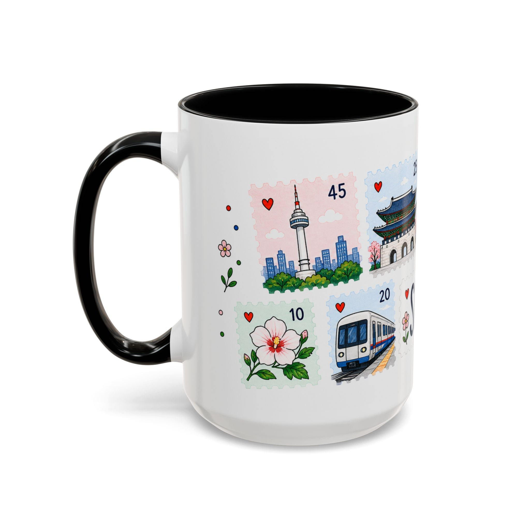 Seoul Coffee Mug | Postage Stamp Collage Mug | Travel Souvenir Accent Cup 11oz 15oz