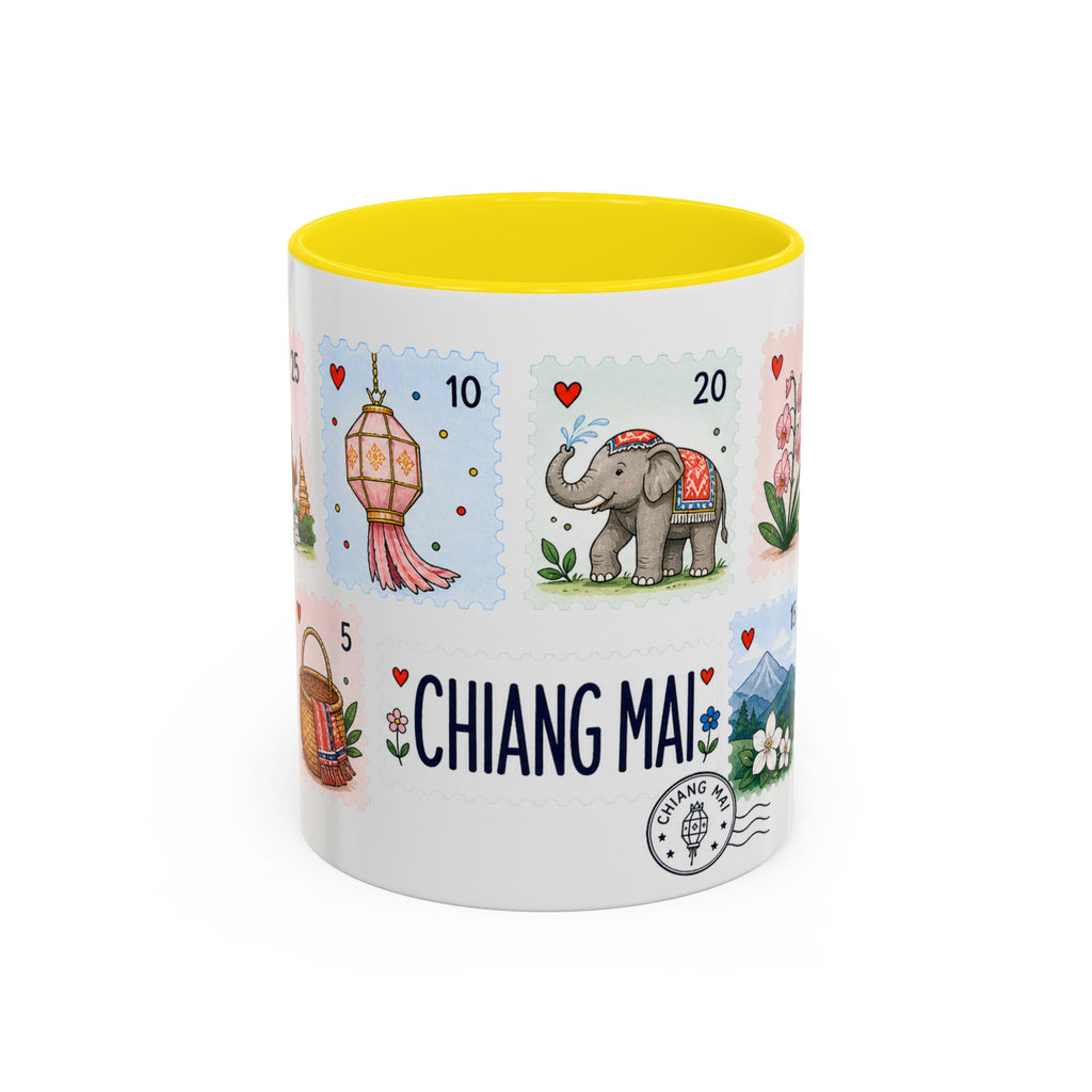 Chiang Mai Coffee Mug | Postage Stamp Collage Mug | Travel Souvenir Accent Cup 11oz 15oz