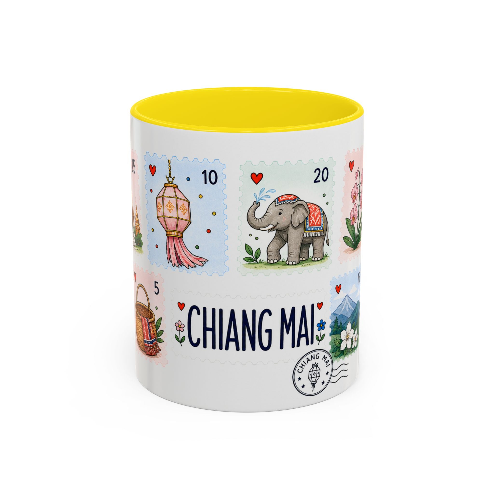 Chiang Mai Coffee Mug | Postage Stamp Collage Mug | Travel Souvenir Accent Cup 11oz 15oz