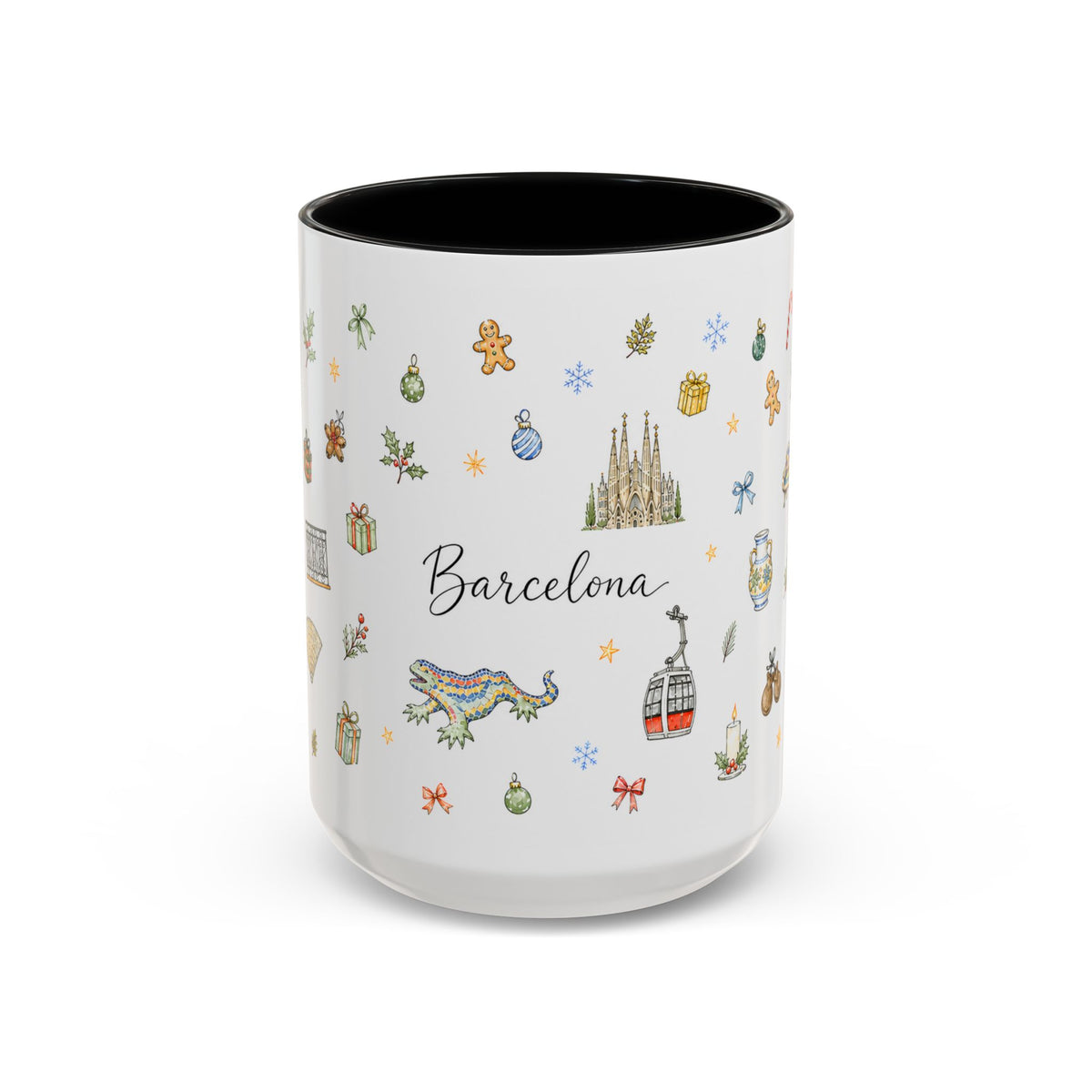 Barcelona Christmas Mug | Watercolor City Souvenir, Ceramic Coffee Cup (11oz/15oz)