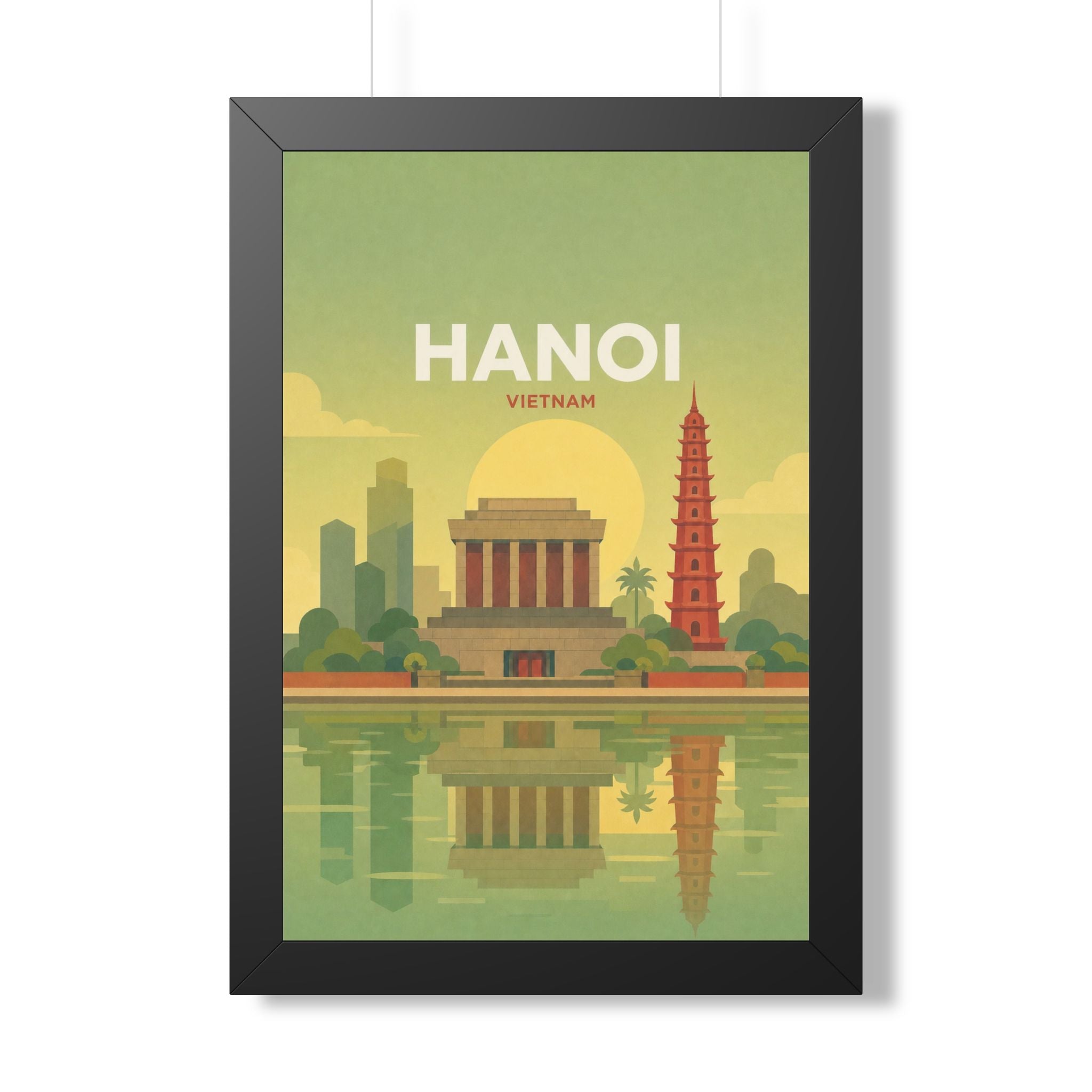 Hanoi Vietnam Framed Poster | Vintage Travel Wall Art | Black Walnut White Frame | 16x24 20x30