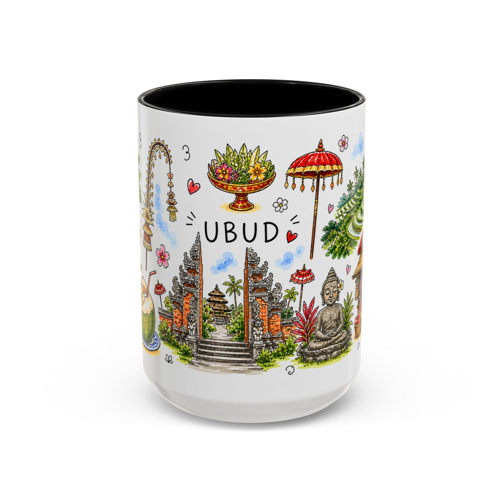 Ubud Illustrated Travel Mug | City Souvenir Accent Coffee Mug | 11oz 15oz Ceramic Cup