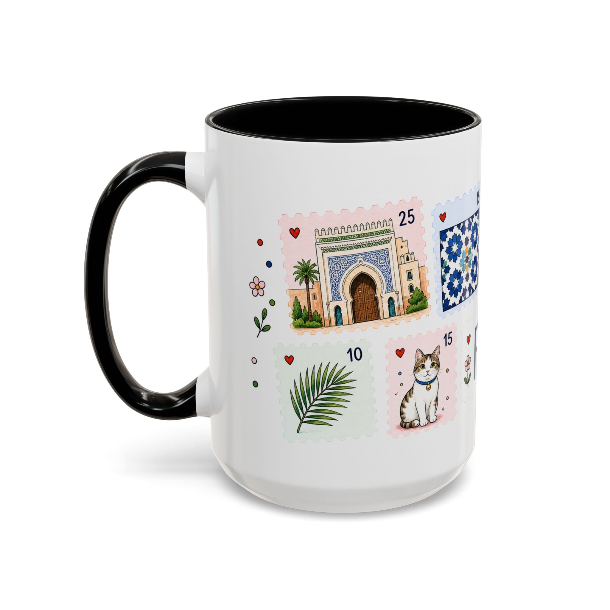 Fez Coffee Mug | Postage Stamp Collage Mug | Travel Souvenir Accent Cup 11oz 15oz