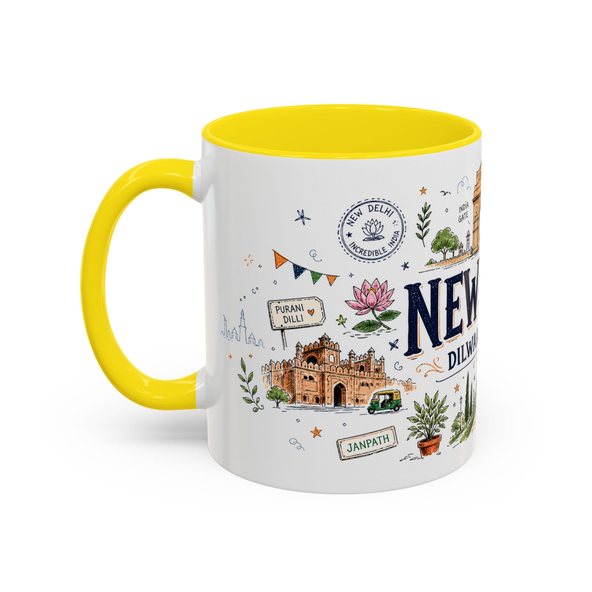 New Delhi Coffee Mug | India Souvenir Travel Gift | Accent Color Ceramic 11oz 15oz