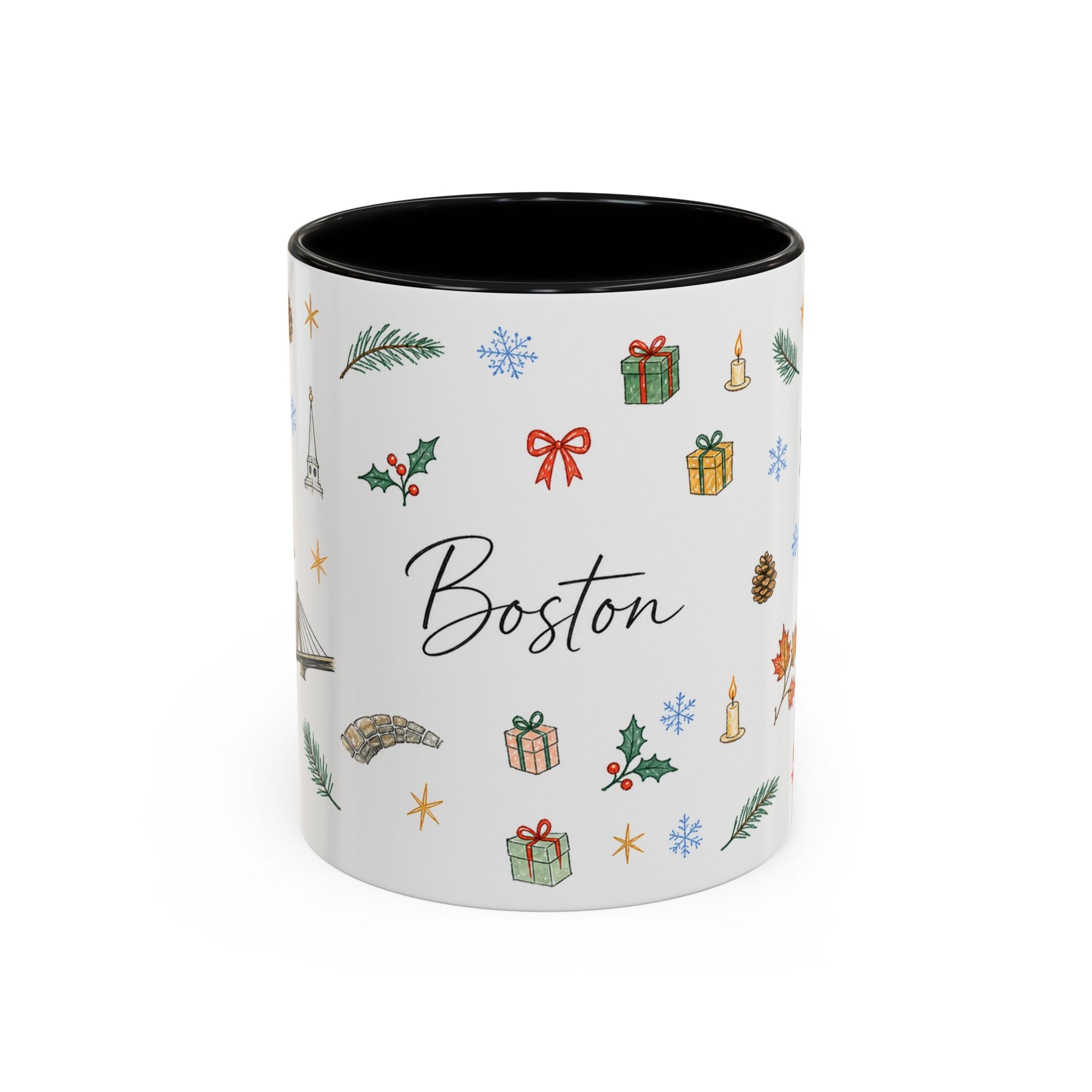 Boston Christmas Mug | Watercolor Travel Souvenir | Holiday Gift | Accent Ceramic Coffee Cup 11oz 15oz