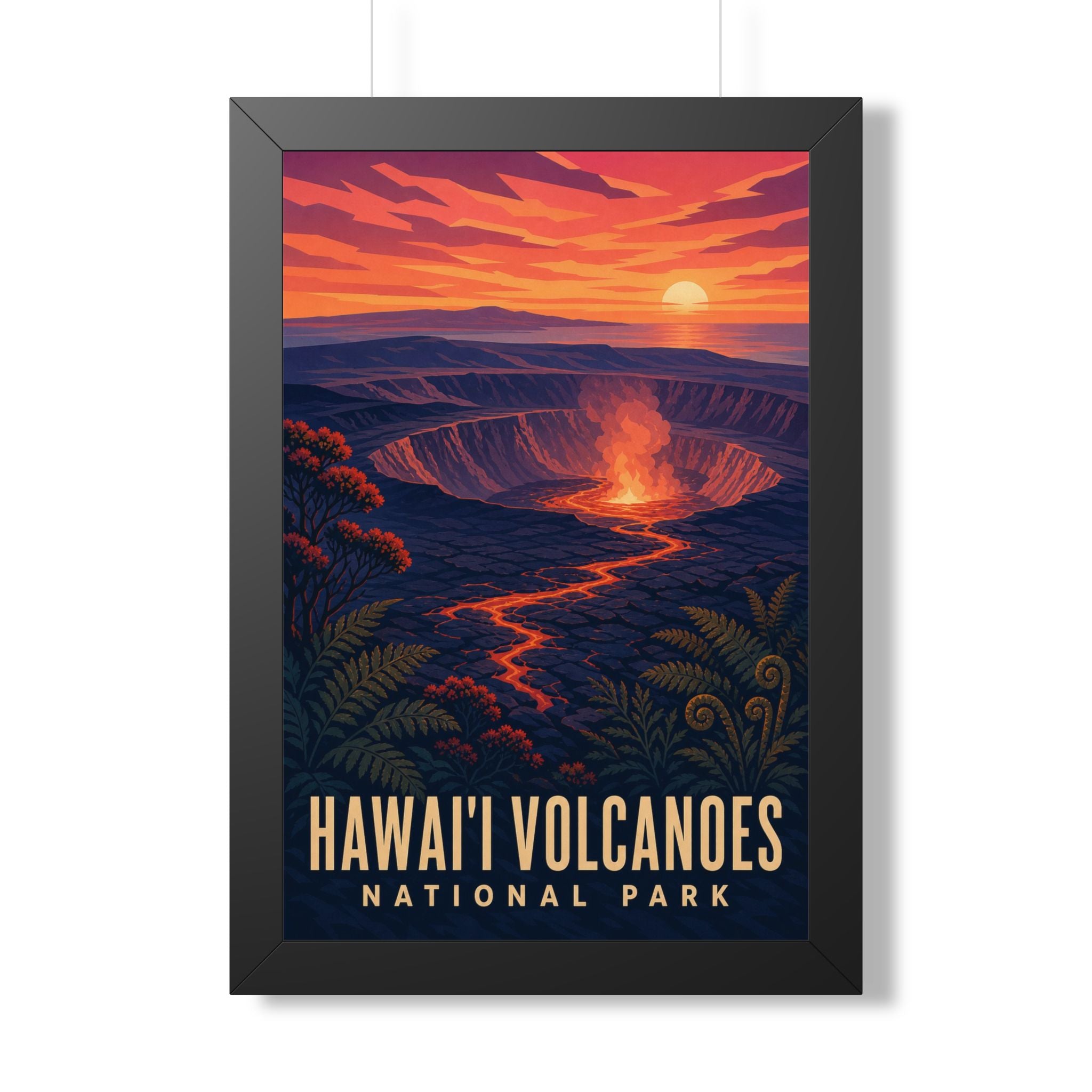 Hawaii Volcanoes National Park Framed Poster | Vintage Travel Wall Art | Black Walnut White Frame | 16x24 20x30