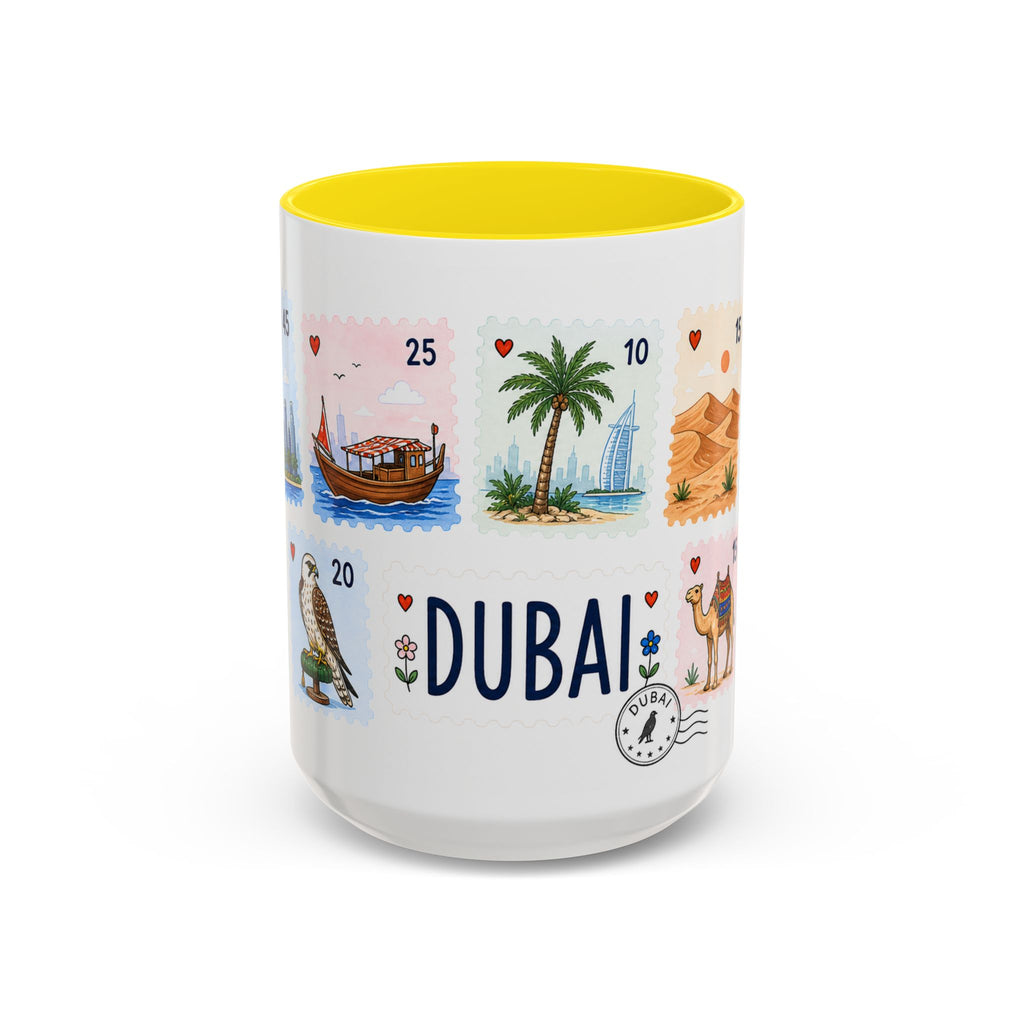 Dubai Coffee Mug | Postage Stamp Collage Mug | Travel Souvenir Accent Cup 11oz 15oz