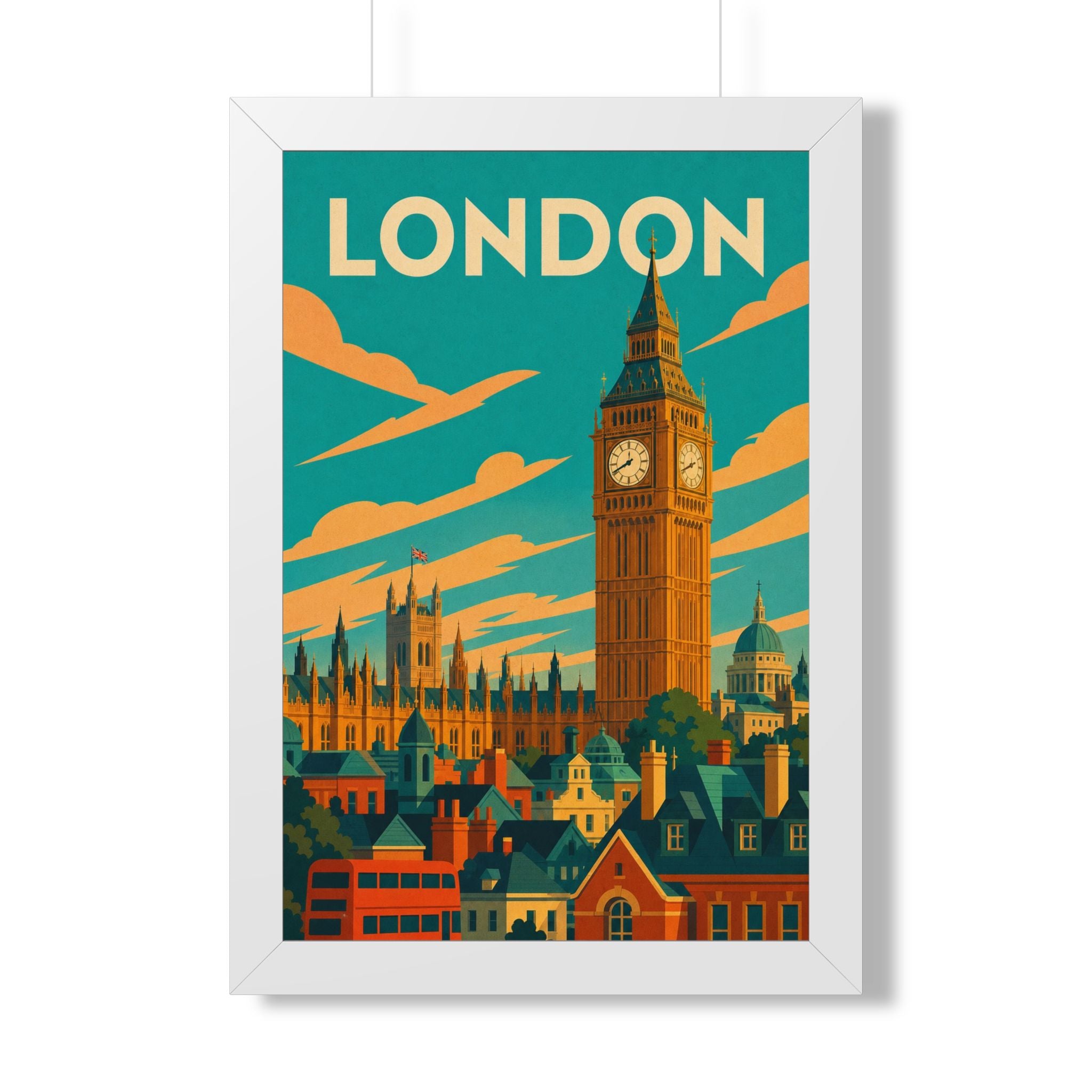London Big Ben United Kingdom Framed Poster | Vintage Travel Wall Art | Black Walnut White Frame | 16x24 20x30
