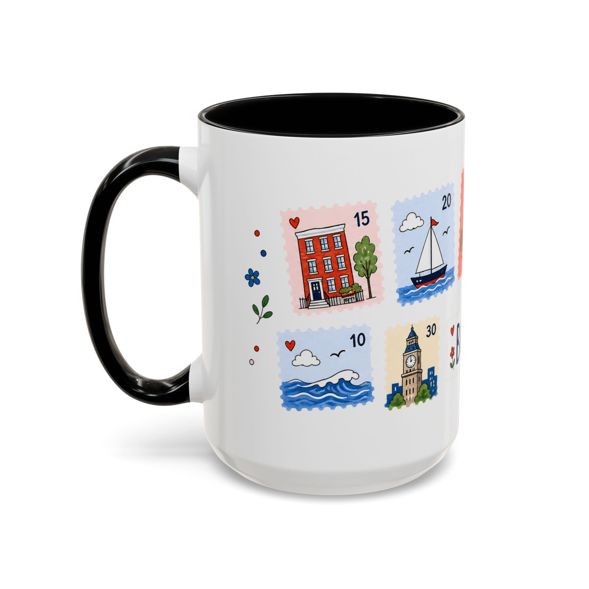 Boston Coffee Mug | Postage Stamp Collage Mug | Travel Souvenir Accent Cup 11oz 15oz