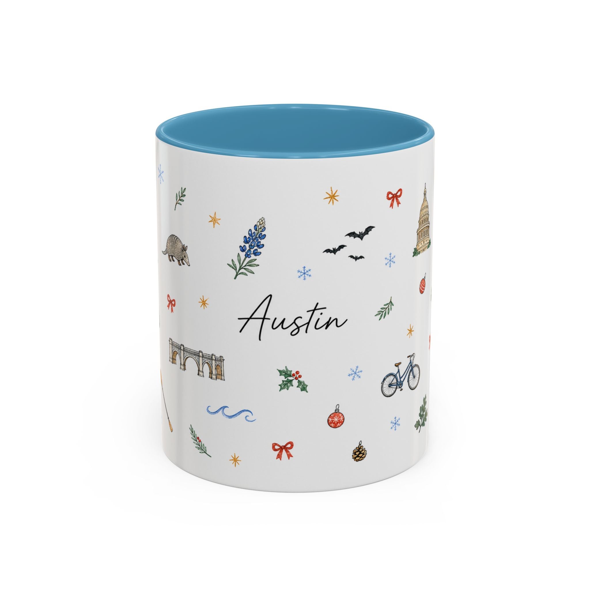 Austin Christmas Mug | Watercolor Travel Souvenir | Holiday Gift | Accent Ceramic Coffee Cup 11oz 15oz