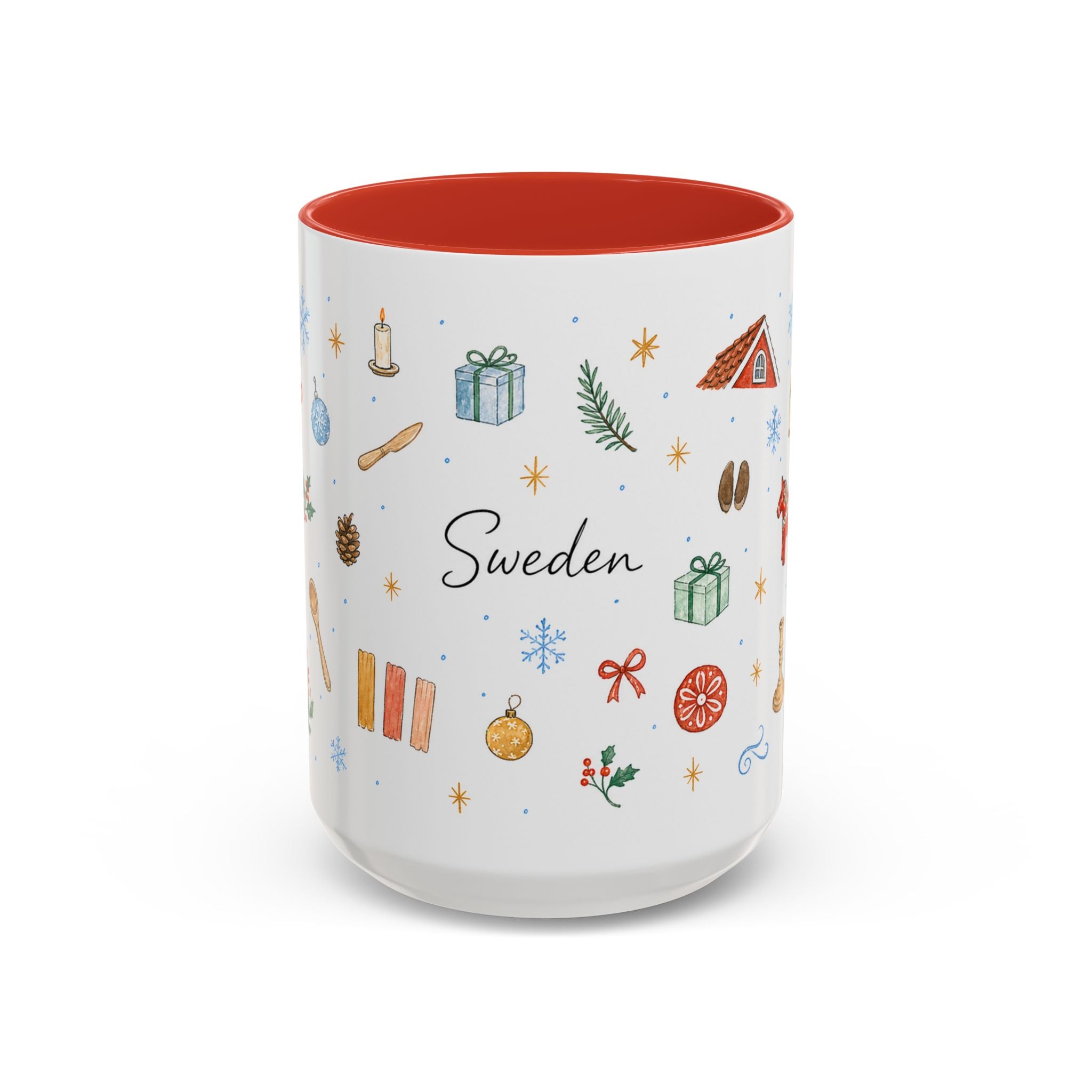 Sweden Christmas Mug | Watercolor Travel Souvenir | Holiday Gift | Accent Ceramic Coffee Cup 11oz 15oz