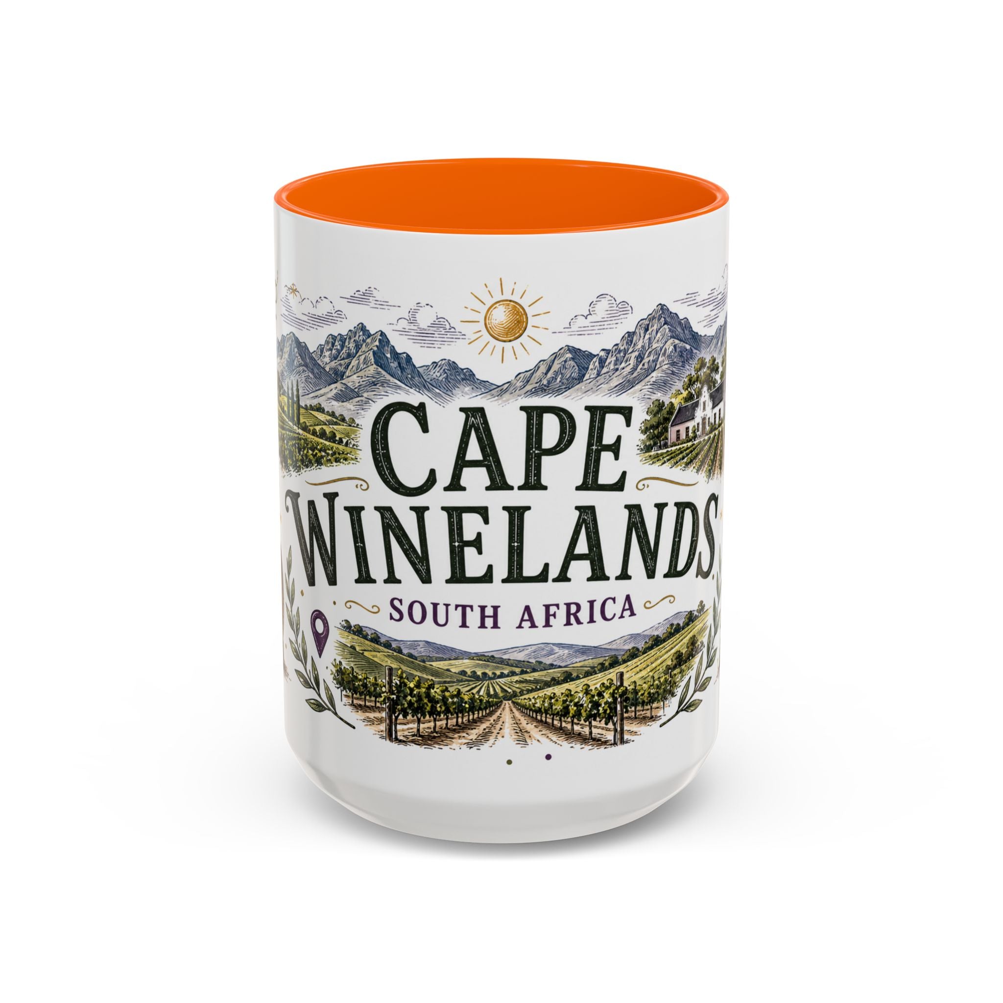 Cape Winelands Coffee Mug | Travel Destination Souvenir Gift | Accent Color Ceramic 11oz 15oz