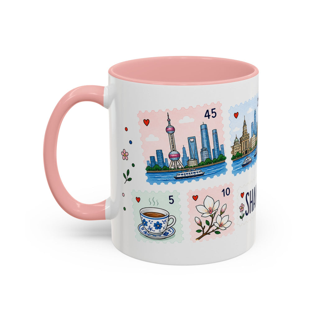 Shanghai Coffee Mug | Postage Stamp Collage Mug | Travel Souvenir Accent Cup 11oz 15oz