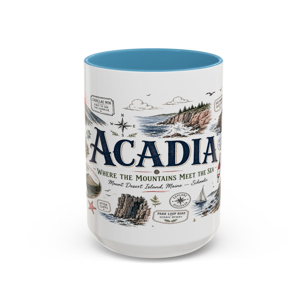 Acadia Coffee Mug | National Park Hiking Coastal Gift | Accent Color Ceramic 11oz 15oz