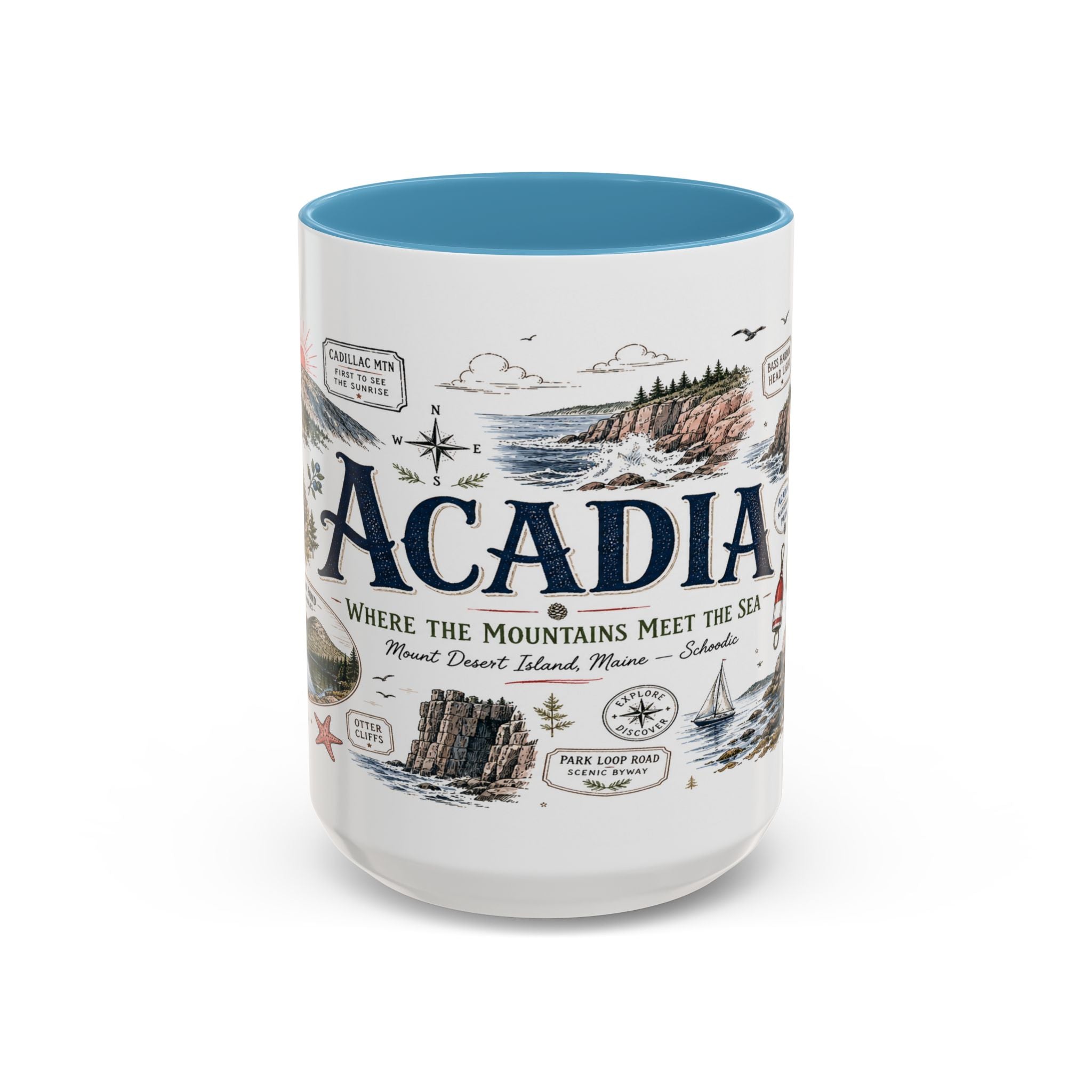Acadia Coffee Mug | National Park Hiking Coastal Gift | Accent Color Ceramic 11oz 15oz