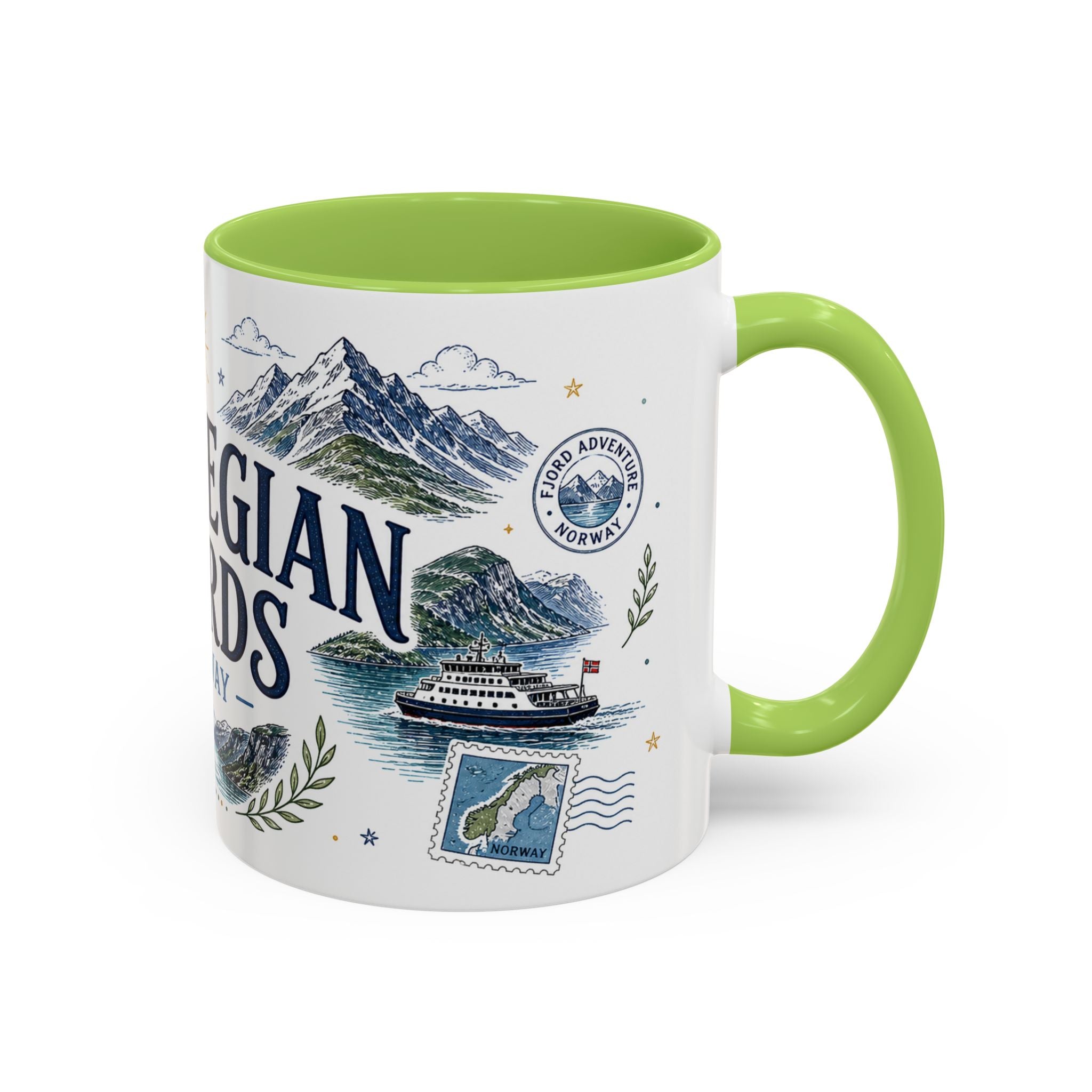 Norwegian Fjords Coffee Mug | Travel Destination Souvenir Gift | Accent Color Ceramic 11oz 15oz