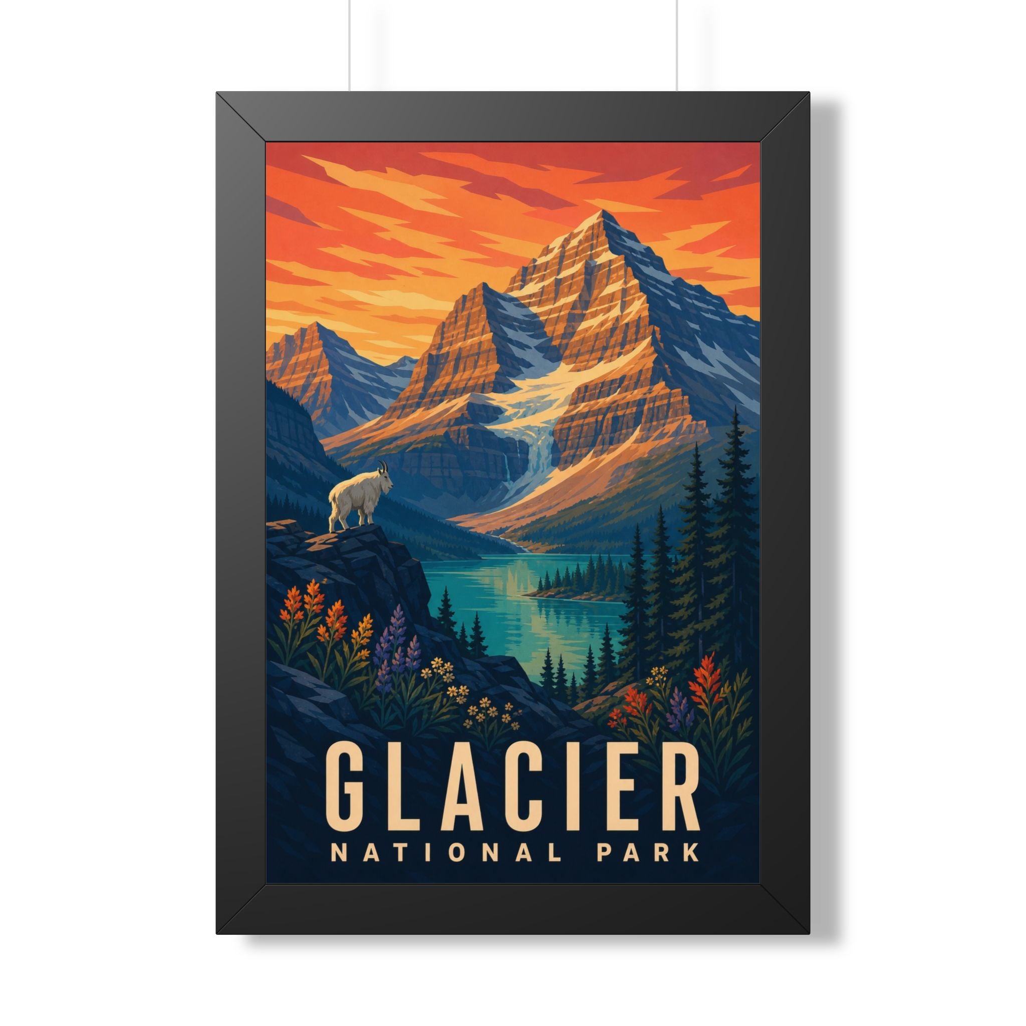 Glacier National Park Framed Poster | Vintage Travel Wall Art | Black Walnut White Frame | 16x24 20x30
