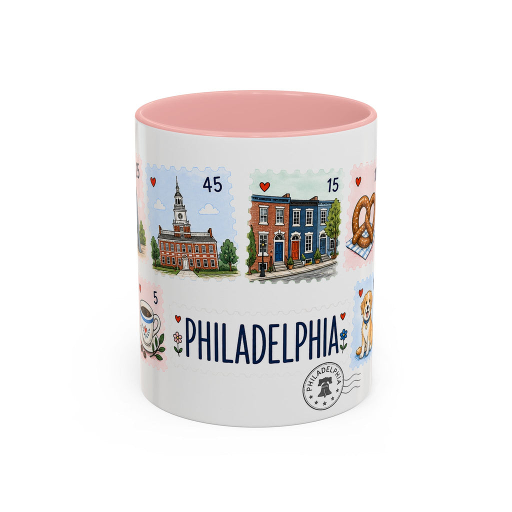 Philadelphia Coffee Mug | Postage Stamp Collage Mug | Travel Souvenir Accent Cup 11oz 15oz