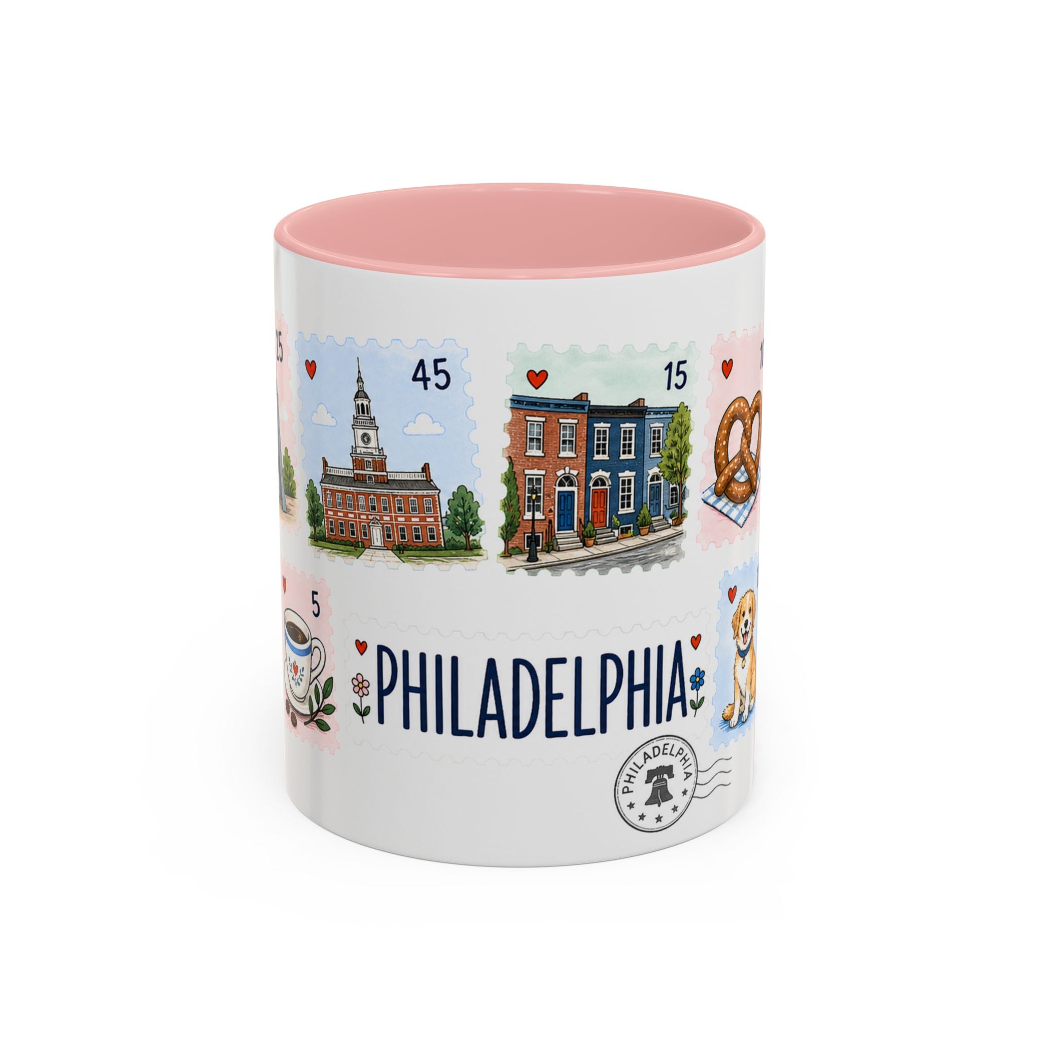 Philadelphia Coffee Mug | Postage Stamp Collage Mug | Travel Souvenir Accent Cup 11oz 15oz