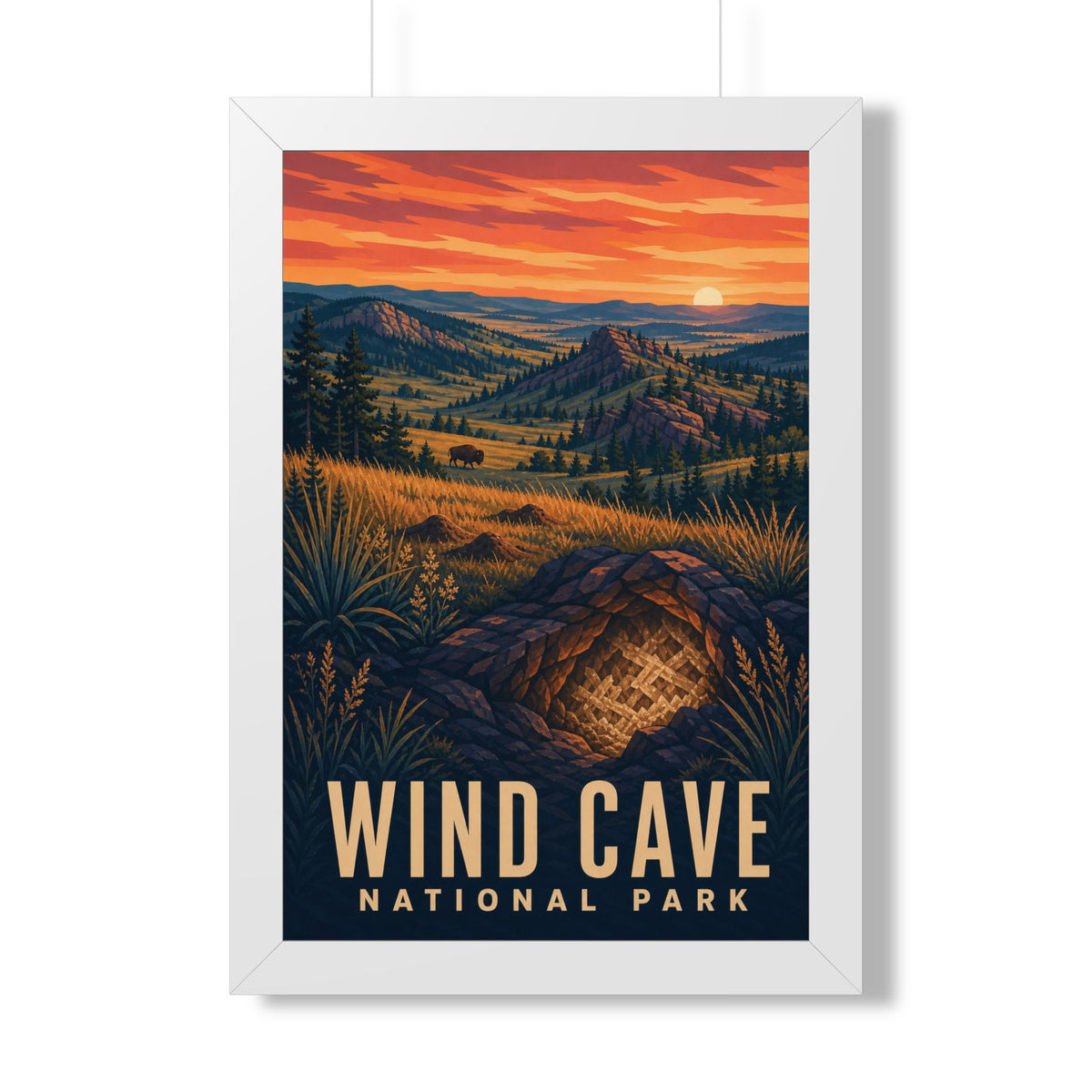 Wind Cave National Park Framed Poster | Vintage Travel Wall Art | Black Walnut White Frame | 16x24 20x30