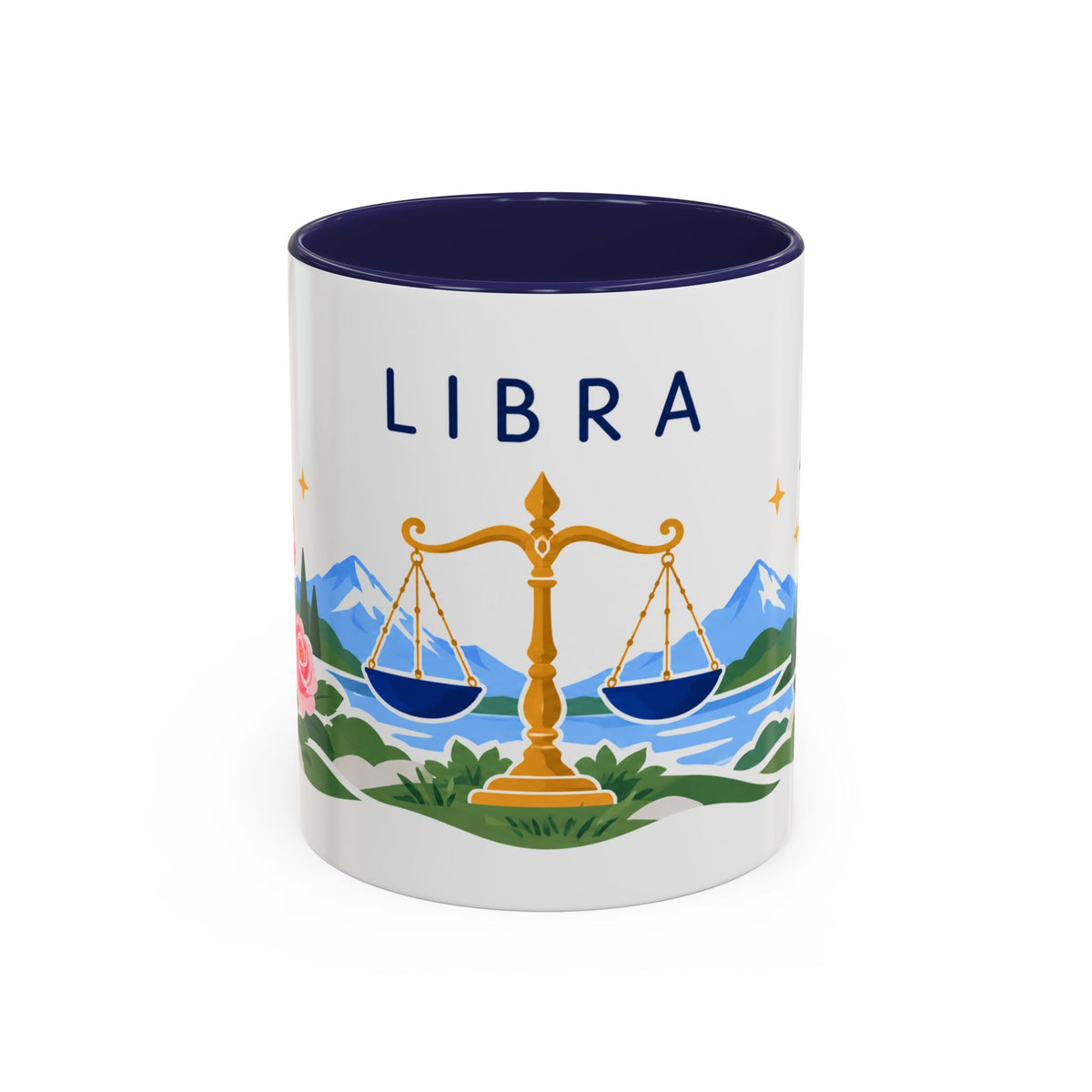 Libra Zodiac Coffee Mug | Scales and Rose Design | Astrology Birthday Gift | 11 oz 15 oz Ceramic Accent Mug