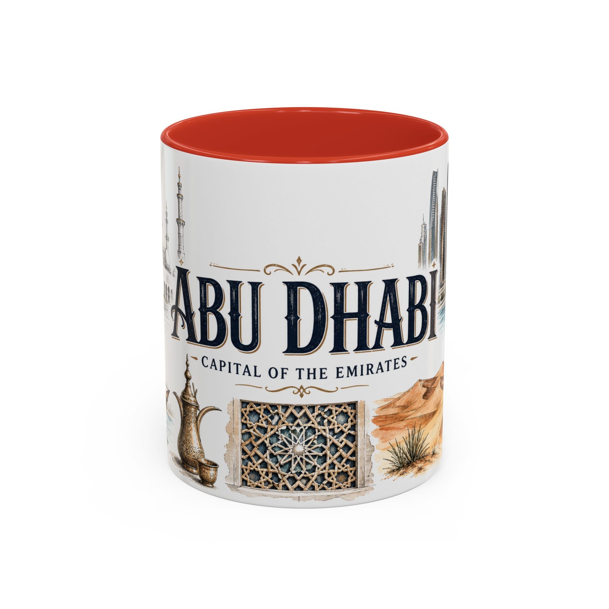 Abu Dhabi Coffee Mug | United Arab Emirates Travel Souvenir | Vintage Illustrated City Gift | 11 oz 15 oz Accent Mug