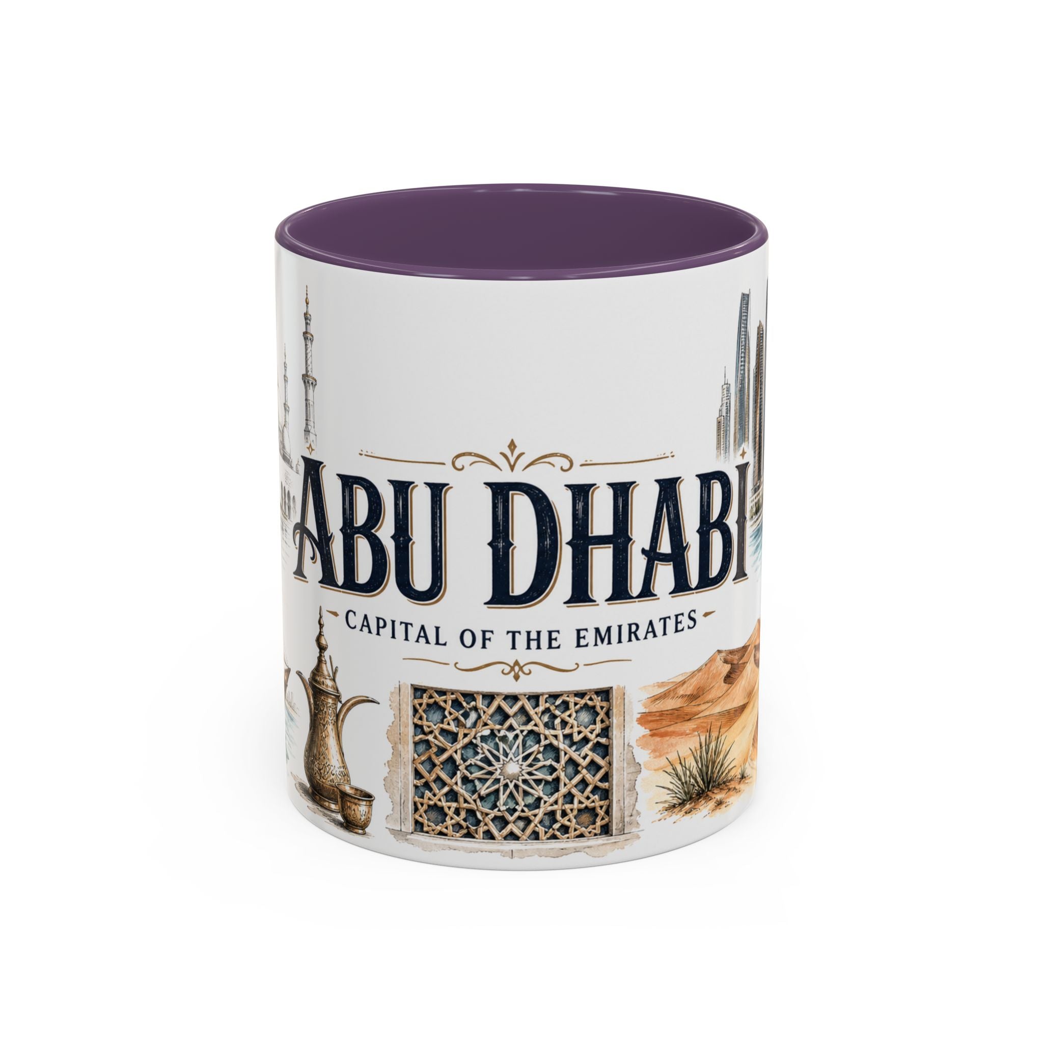 Abu Dhabi Coffee Mug | United Arab Emirates Travel Souvenir | Vintage Illustrated City Gift | 11 oz 15 oz Accent Mug