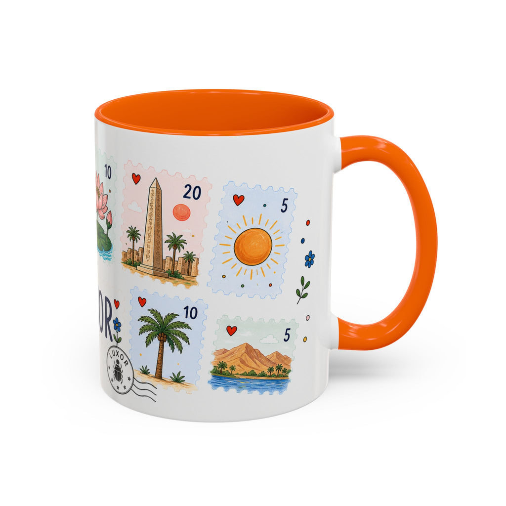 Luxor Coffee Mug | Postage Stamp Collage Mug | Travel Souvenir Accent Cup 11oz 15oz