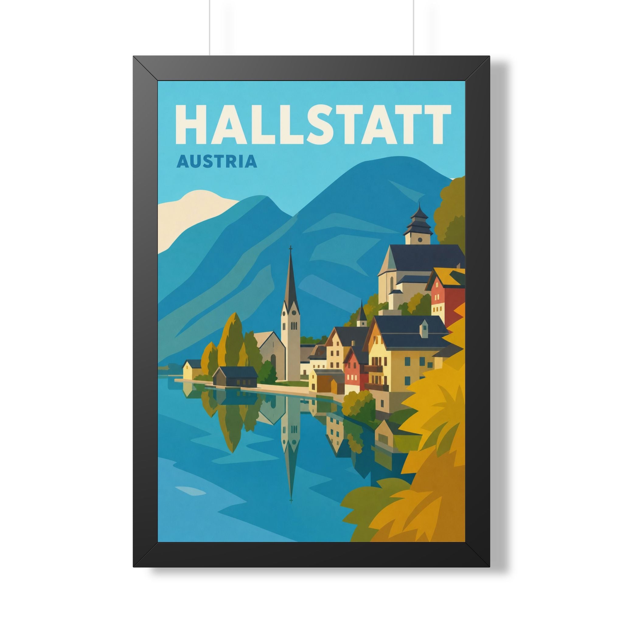 Hallstatt Austria Framed Poster | Vintage Travel Wall Art | Black Walnut White Frame | 16x24 20x30