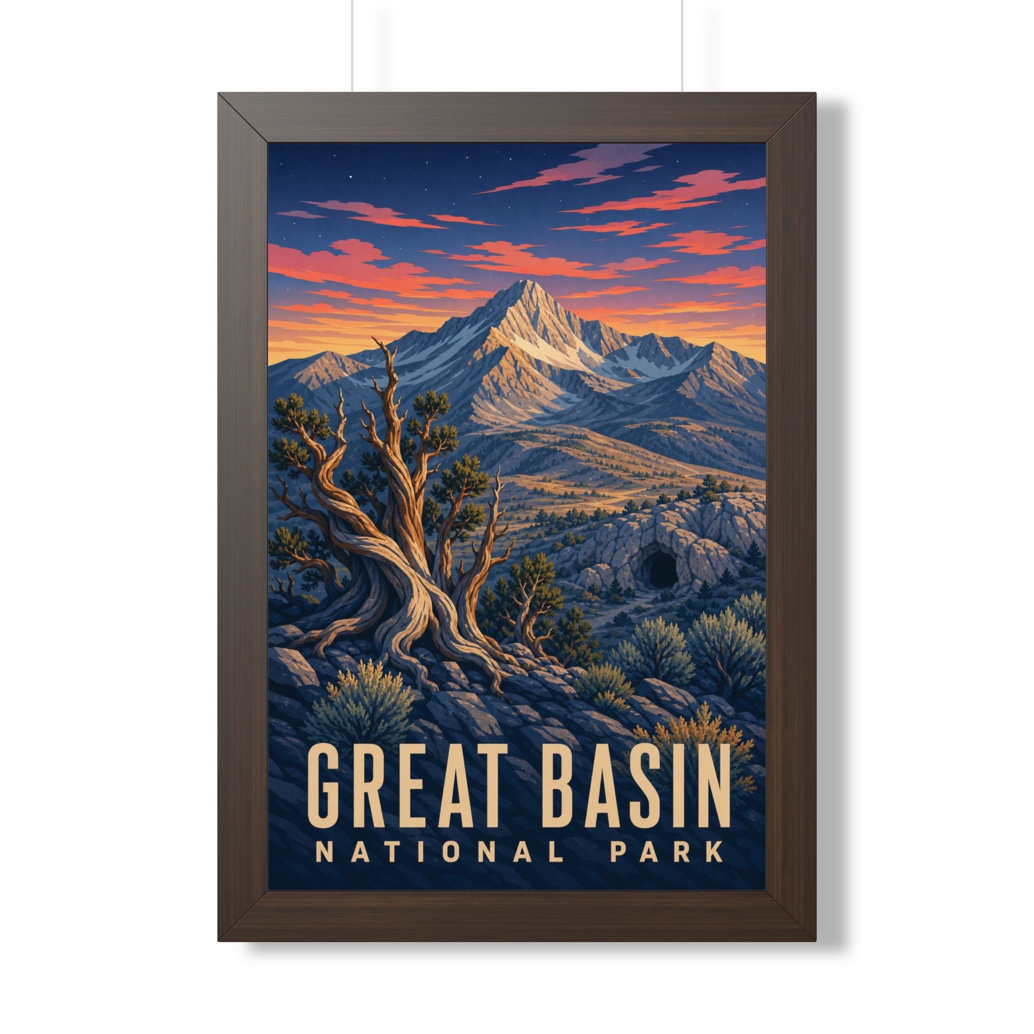 Great Basin National Park Framed Poster | Vintage Travel Wall Art | Black Walnut White Frame | 16x24 20x30