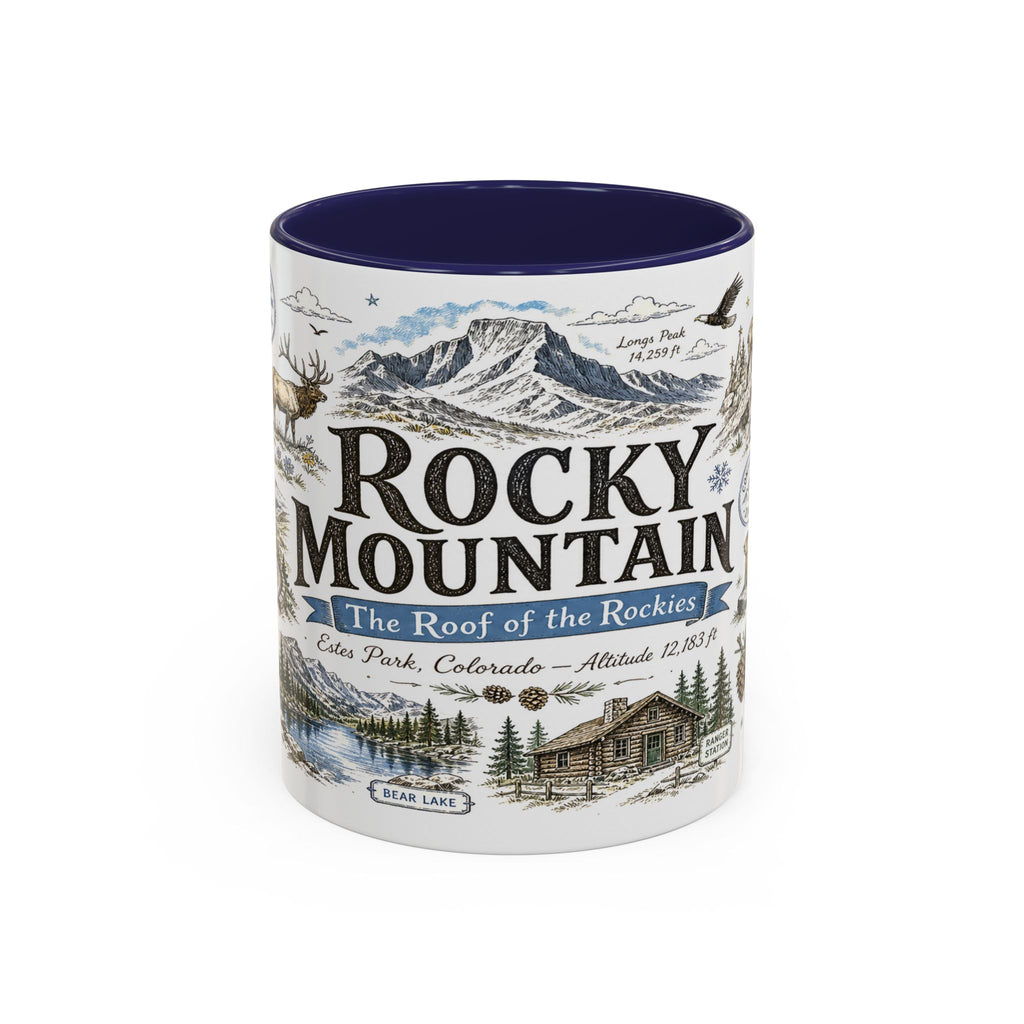 Rocky Mountain Coffee Mug | National Park Hiking Camping Gift | Accent Color Ceramic 11oz 15oz