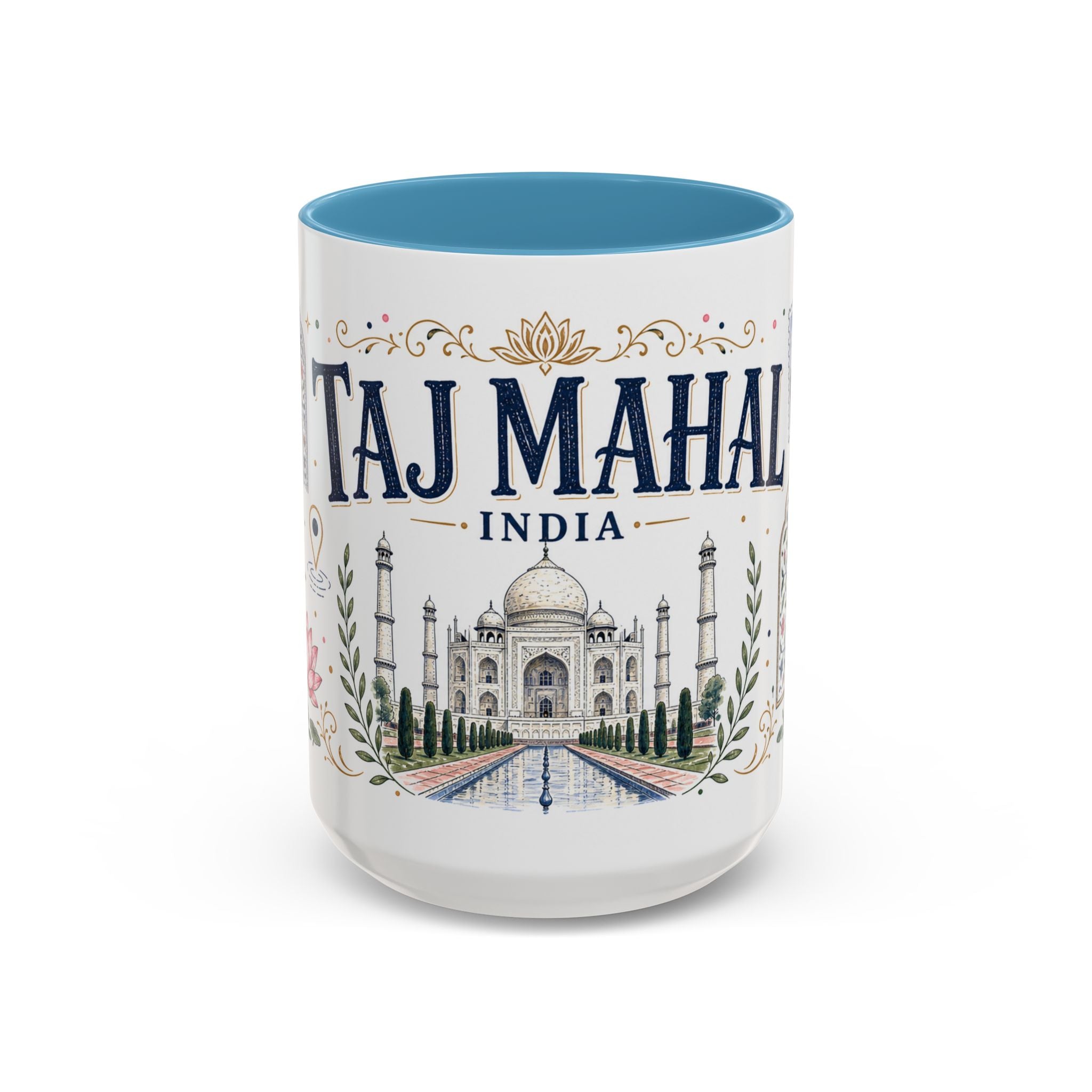 Taj Mahal Coffee Mug | Travel Destination Souvenir Gift | Accent Color Ceramic 11oz 15oz