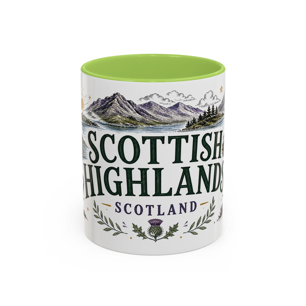 Scottish Highlands Coffee Mug | Travel Destination Souvenir Gift | Accent Color Ceramic 11oz 15oz