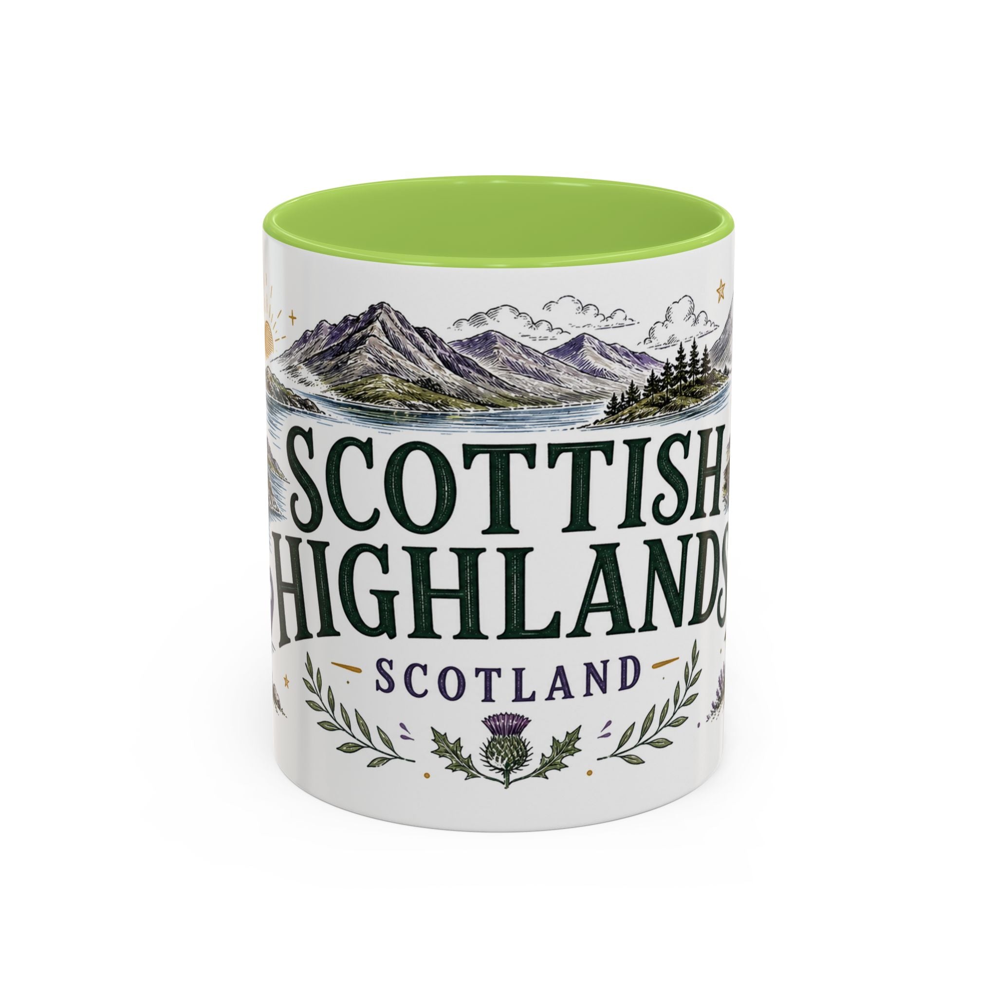 Scottish Highlands Coffee Mug | Travel Destination Souvenir Gift | Accent Color Ceramic 11oz 15oz