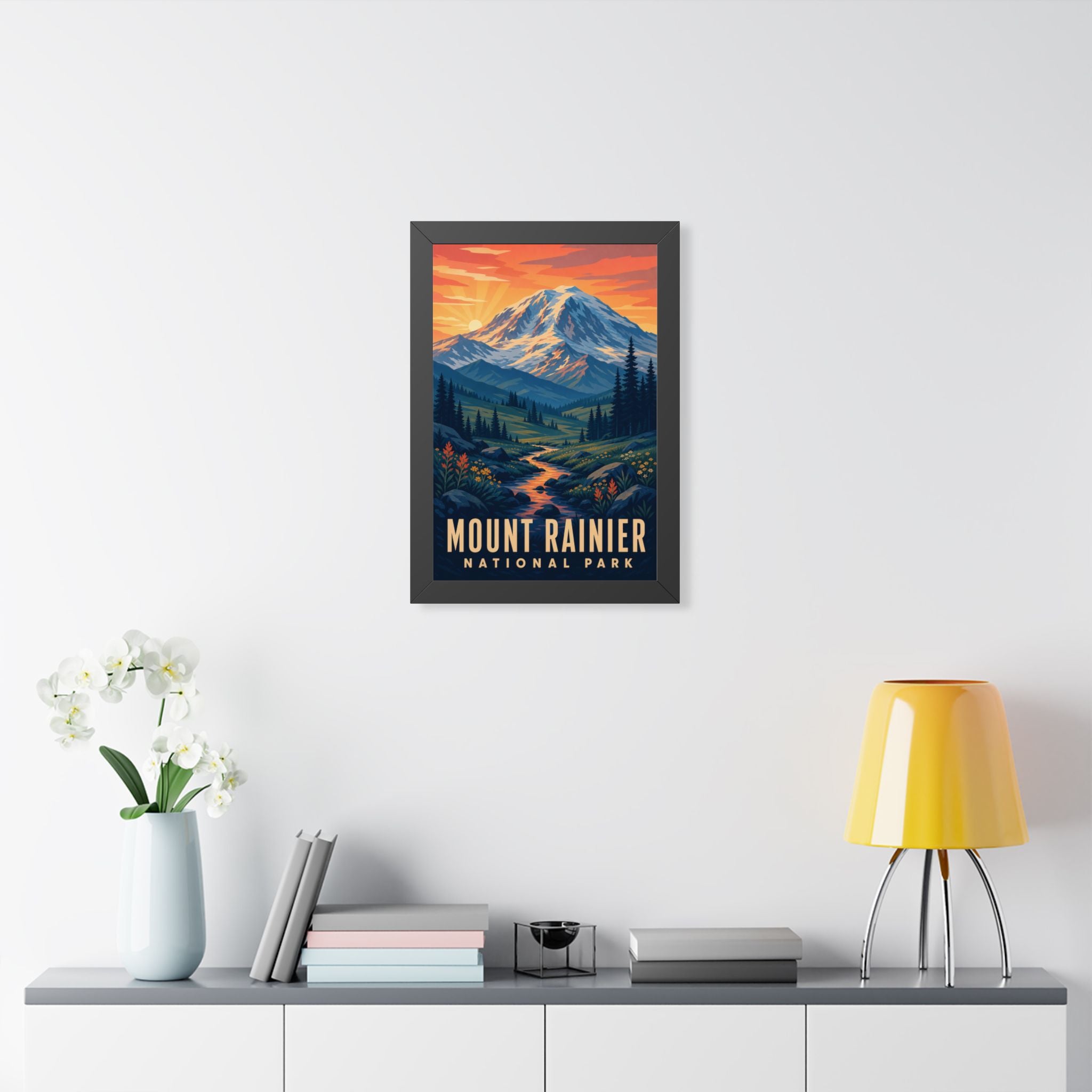 Mount Rainier National Park Framed Poster | Vintage Travel Wall Art | Black Walnut White Frame | 16x24 20x30
